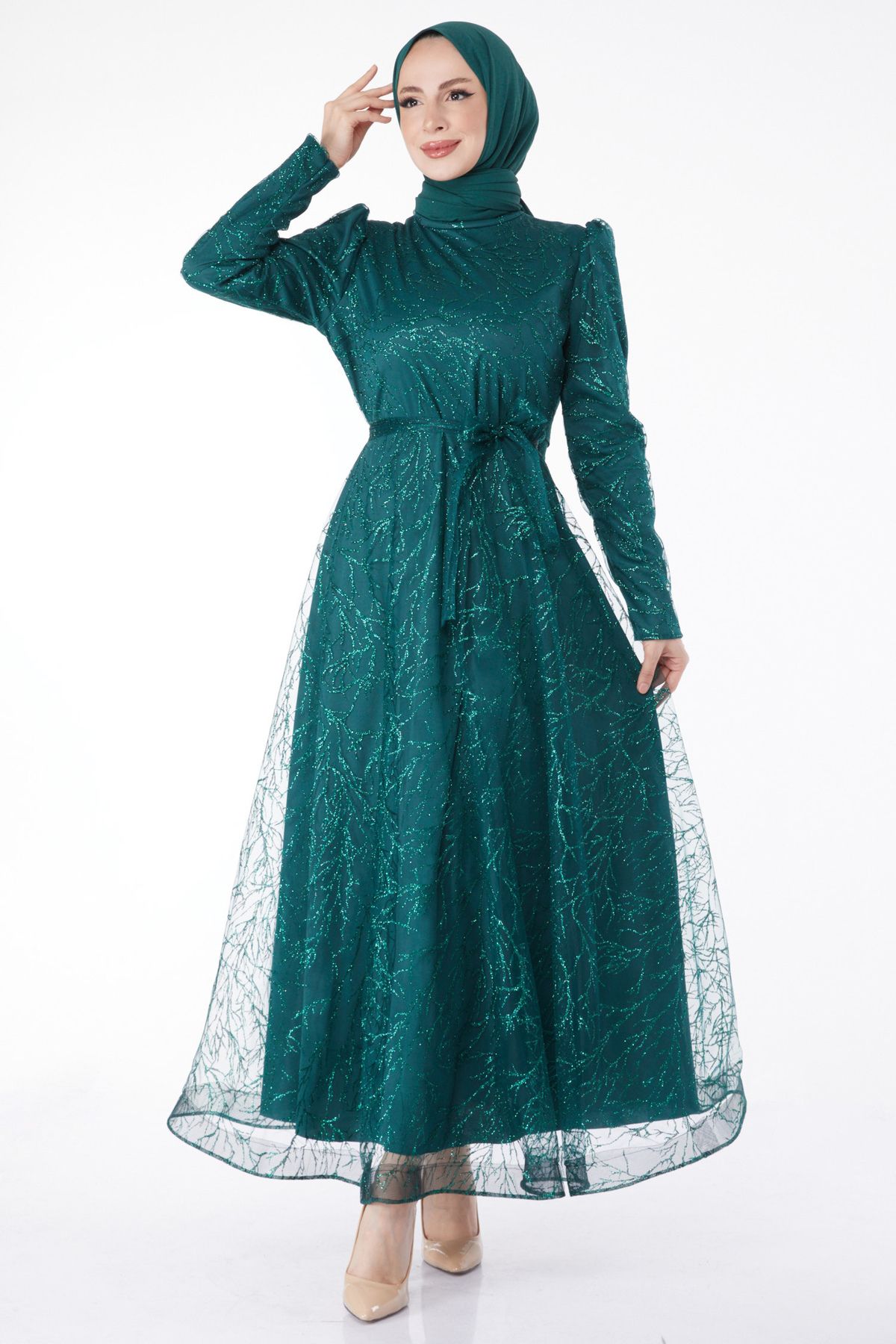 TOFİSA Düz Hakim Yaka Kadın Yeşil Işıltılı Simli Abiye Elbise - 24822