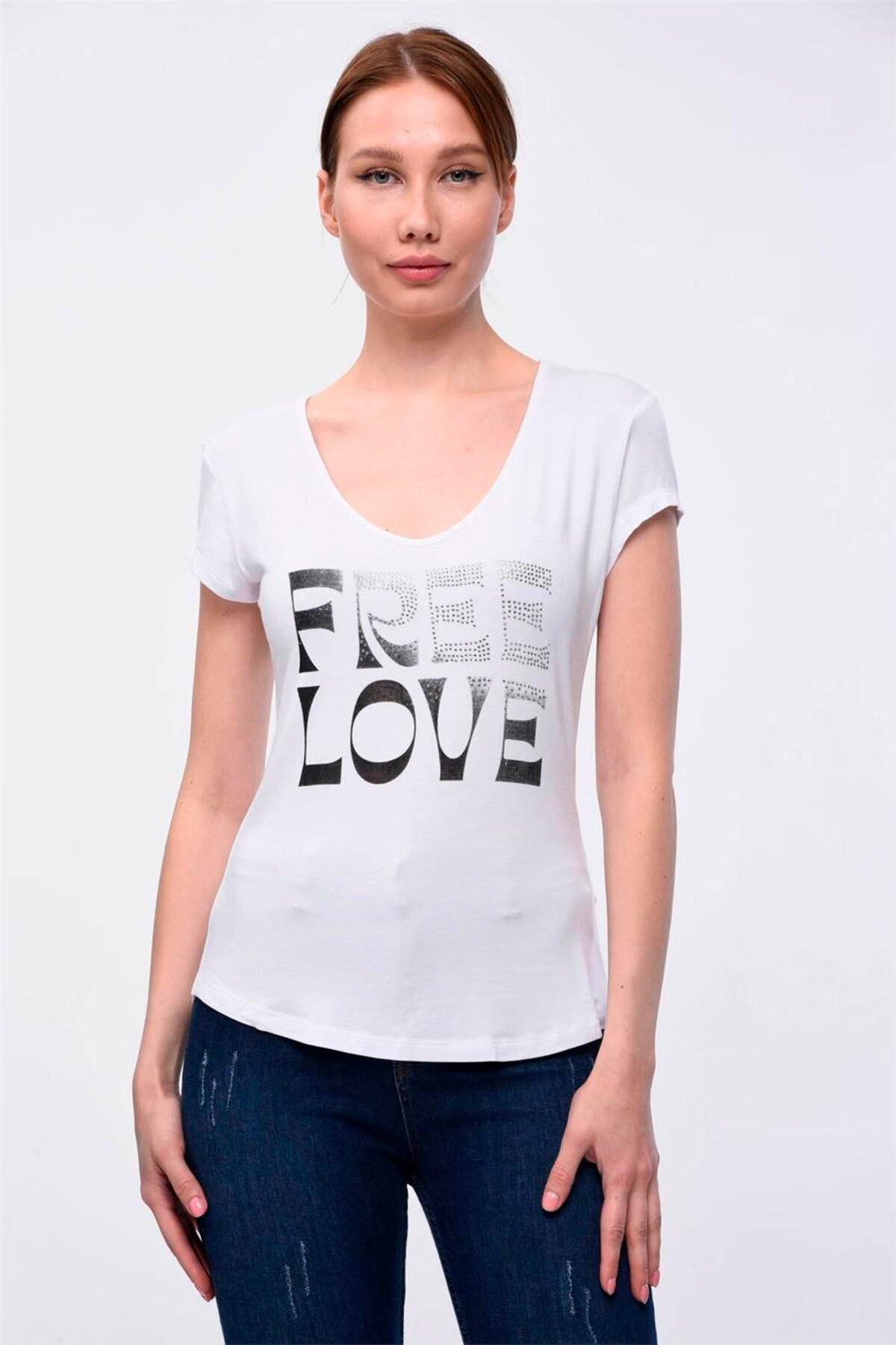 Home Store Tshirt*free Love*baskılı V Yaka - Beyaz