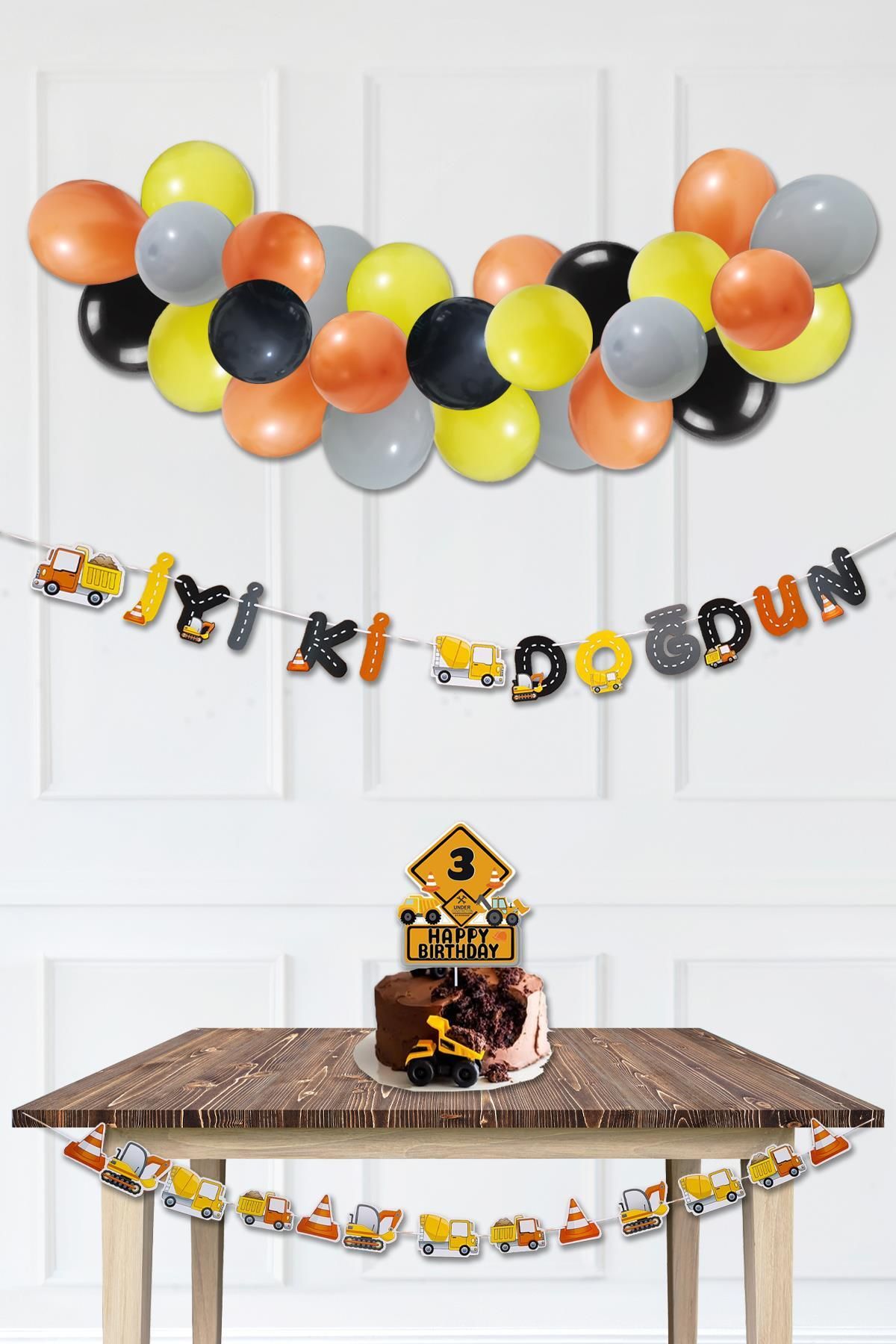 PEKSHOP İnşaat Temalı Doğum Günü Parti Seti Balon Zinciri Bannerlı Doğum Günü Süsleme Seti