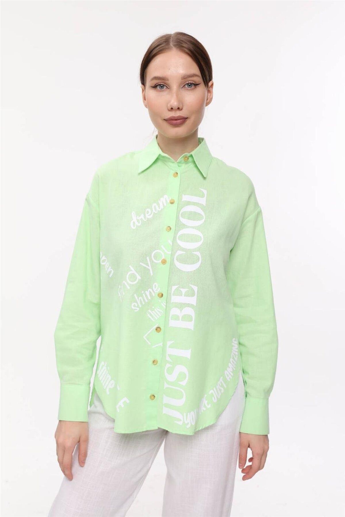 Home Store Gömlek Keten Yazılı Just Be Cool - Fıstık Yeşili