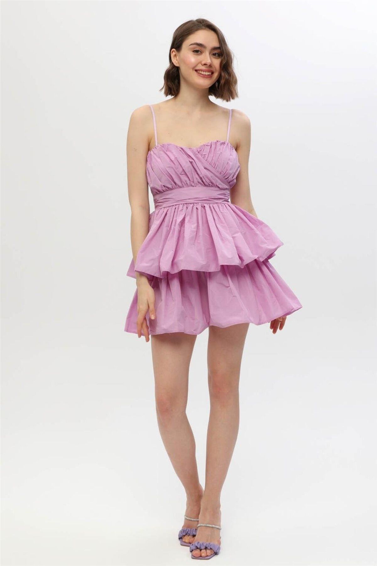 Home Store Elbise Mini Straplez Sütyen Askı 2 Katlı Drape - Lila