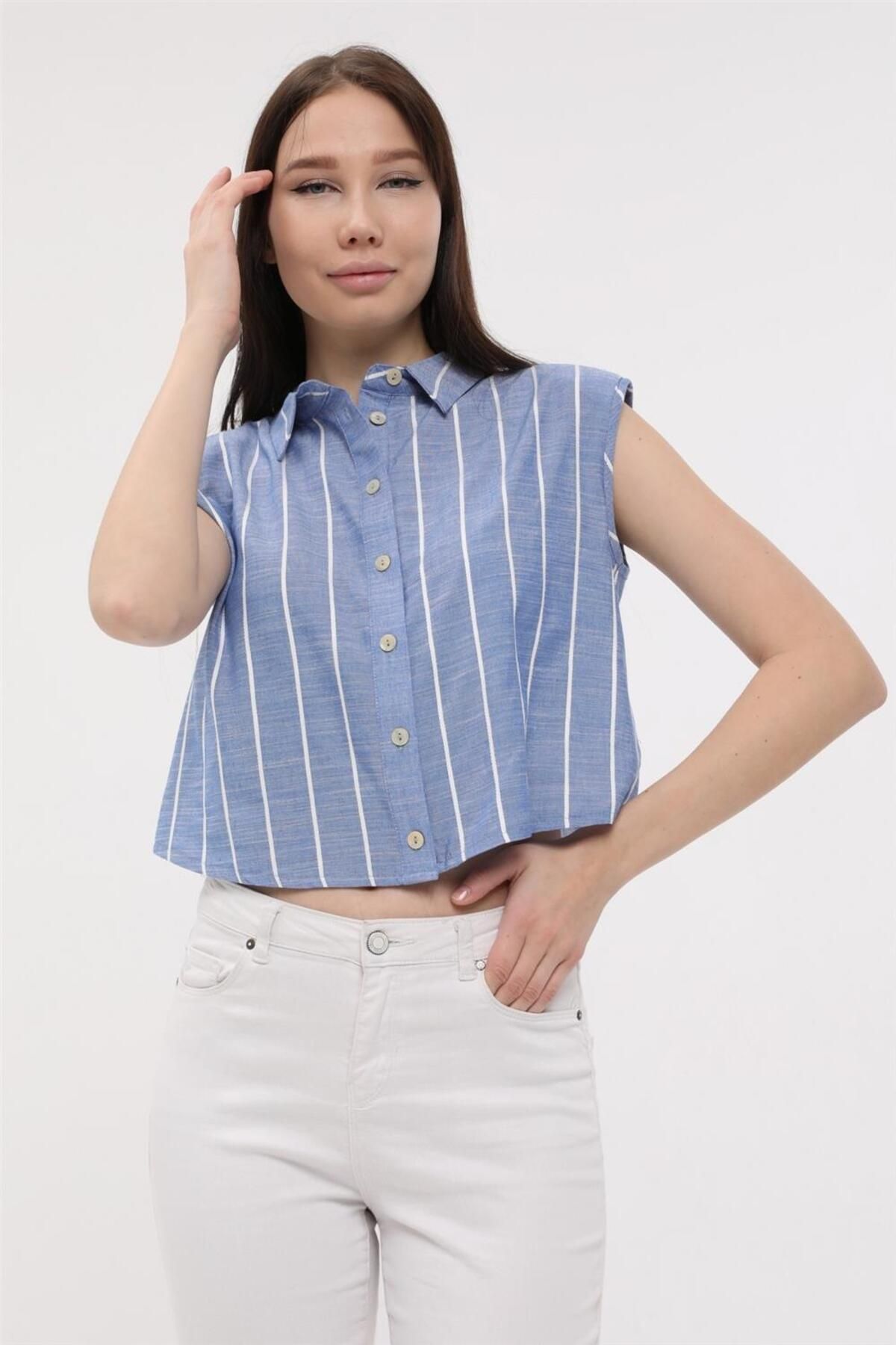 Home Store Gömlek Crop Çizgili Vatkalı Kolsuz Önü Uzun - Mavi