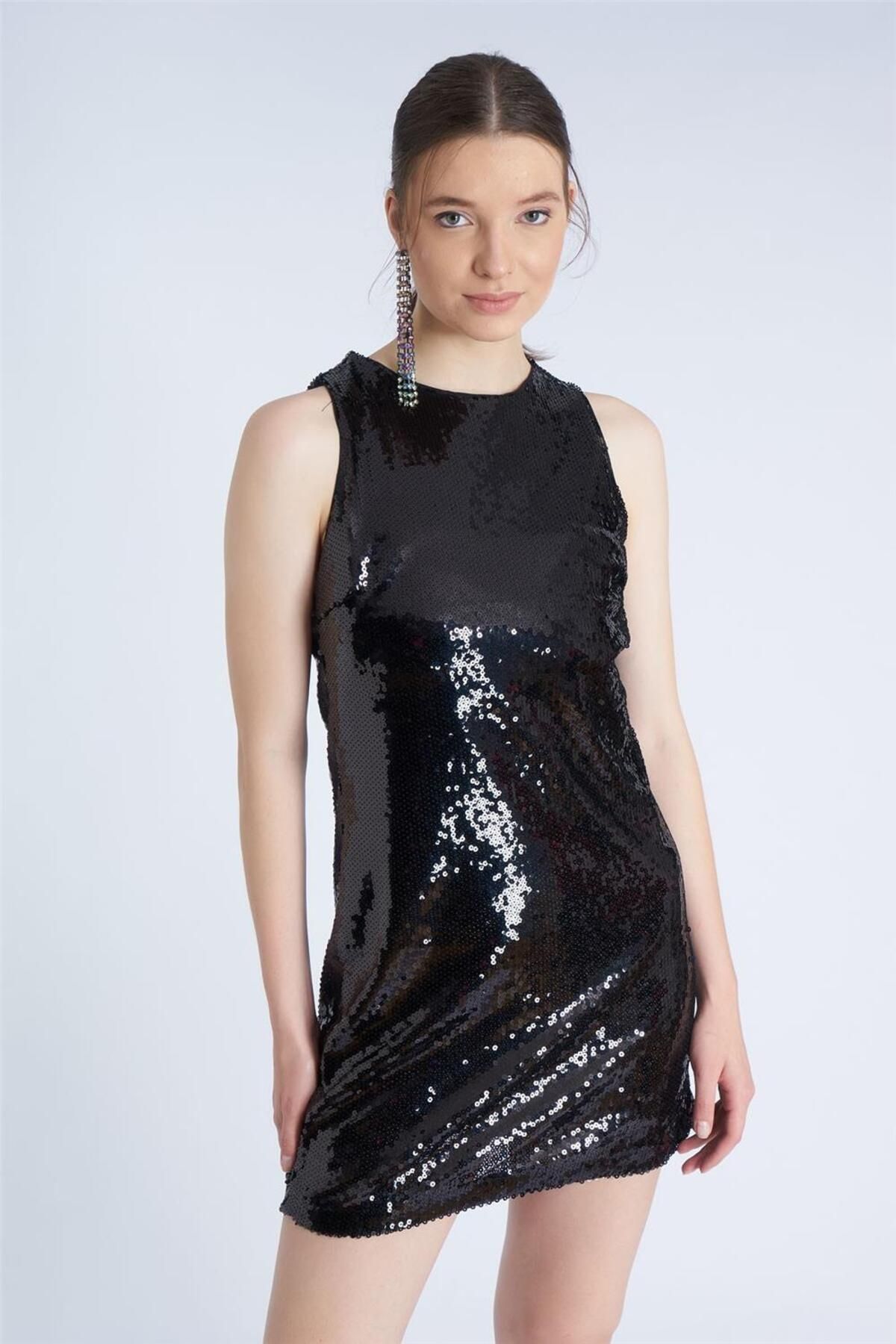 Home Store Elbise Full Payetli Yuvarlak Yaka Ense Tek Düğme - Siyah