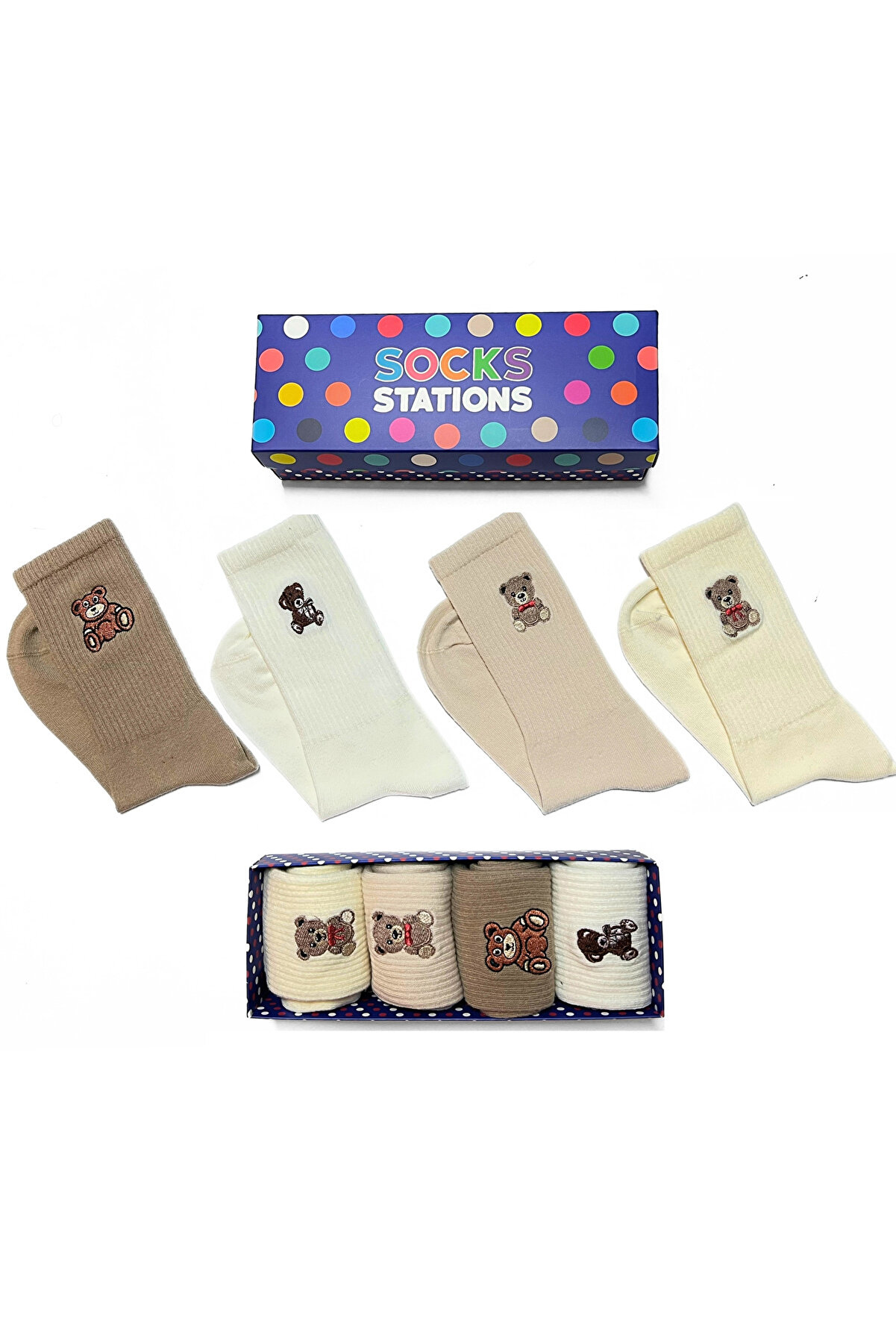 Socks Stations Ünisex Ayıcık Nakışlı Soket Çorap Seti - Renkli Çorap Kutusu 4'lü