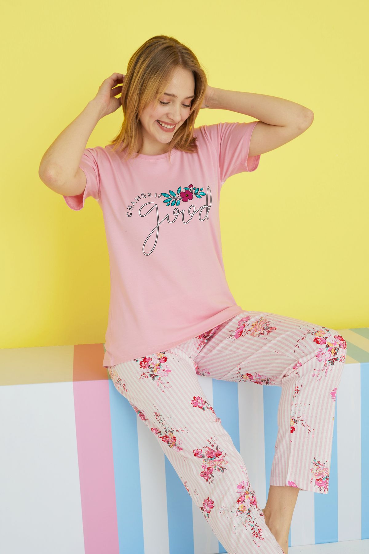 Siyah İnci çok renkli Örme Pijama Takım