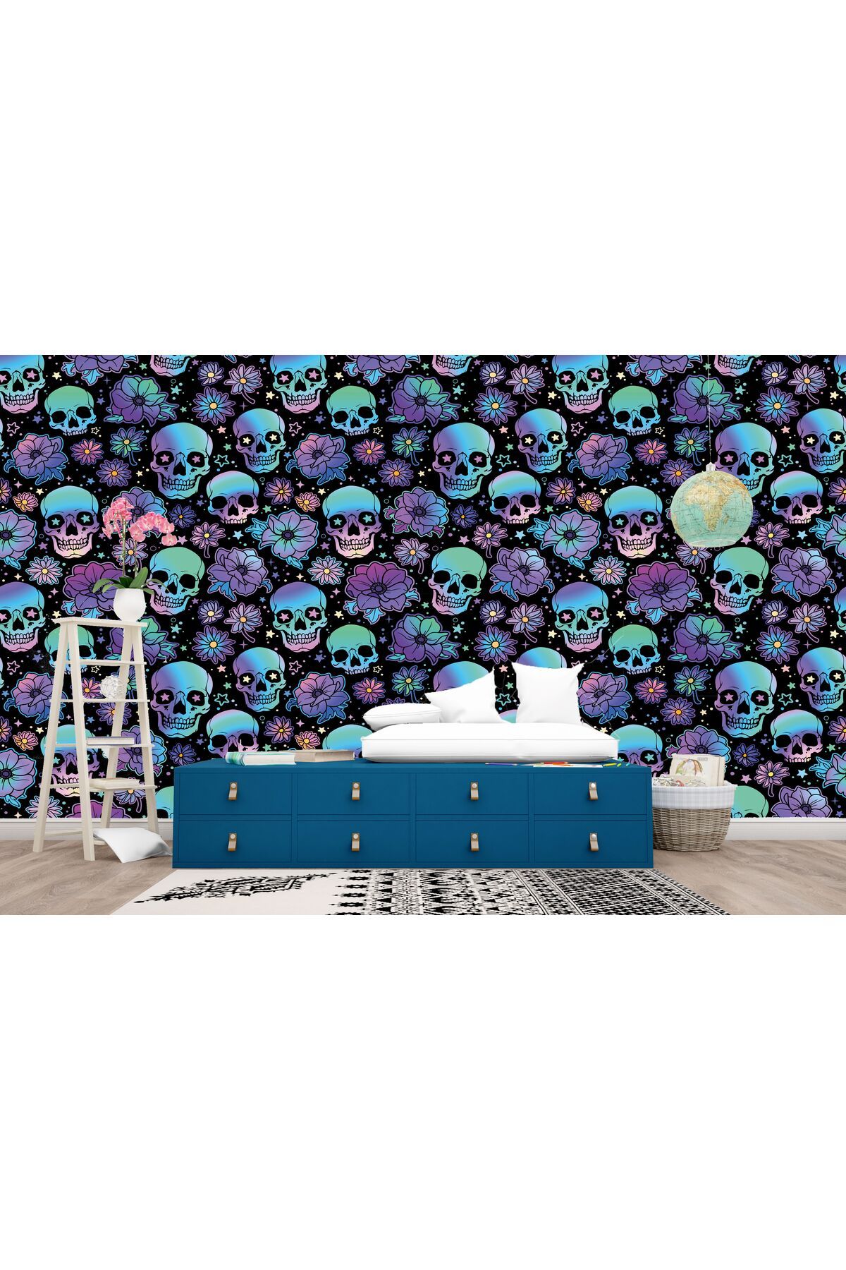 KKTS Neon Mavi Mor Kurukafa ve Çiçekler Çocuk Odası Duvar Kağıdı-Anaokulu-Kreş Duvar Kağıdı