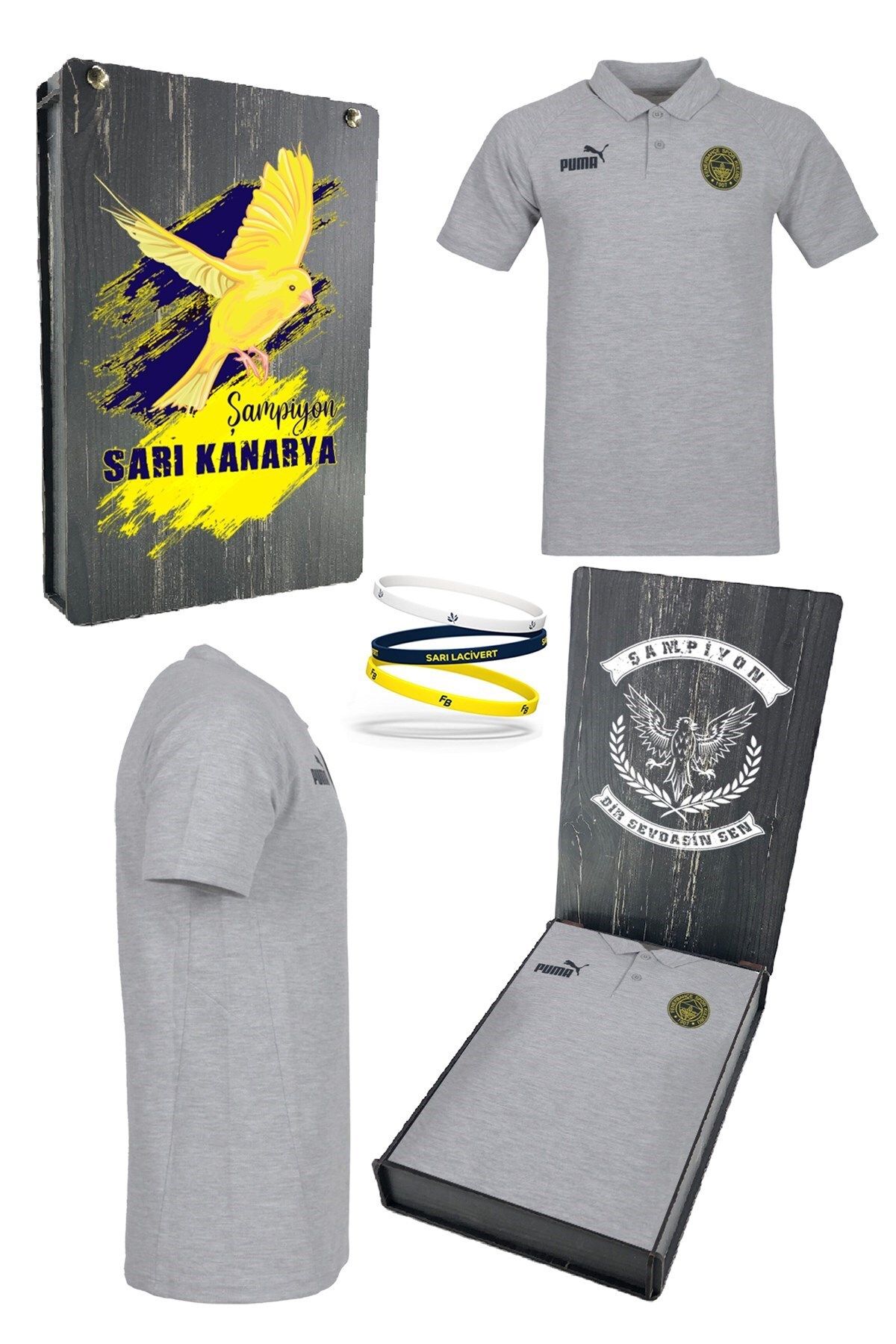Fenerbahçe Orijinal Puma Gri Polo Yaka Hoca T-Shirt + Bileklik Set Özel Ahşap Kutulu