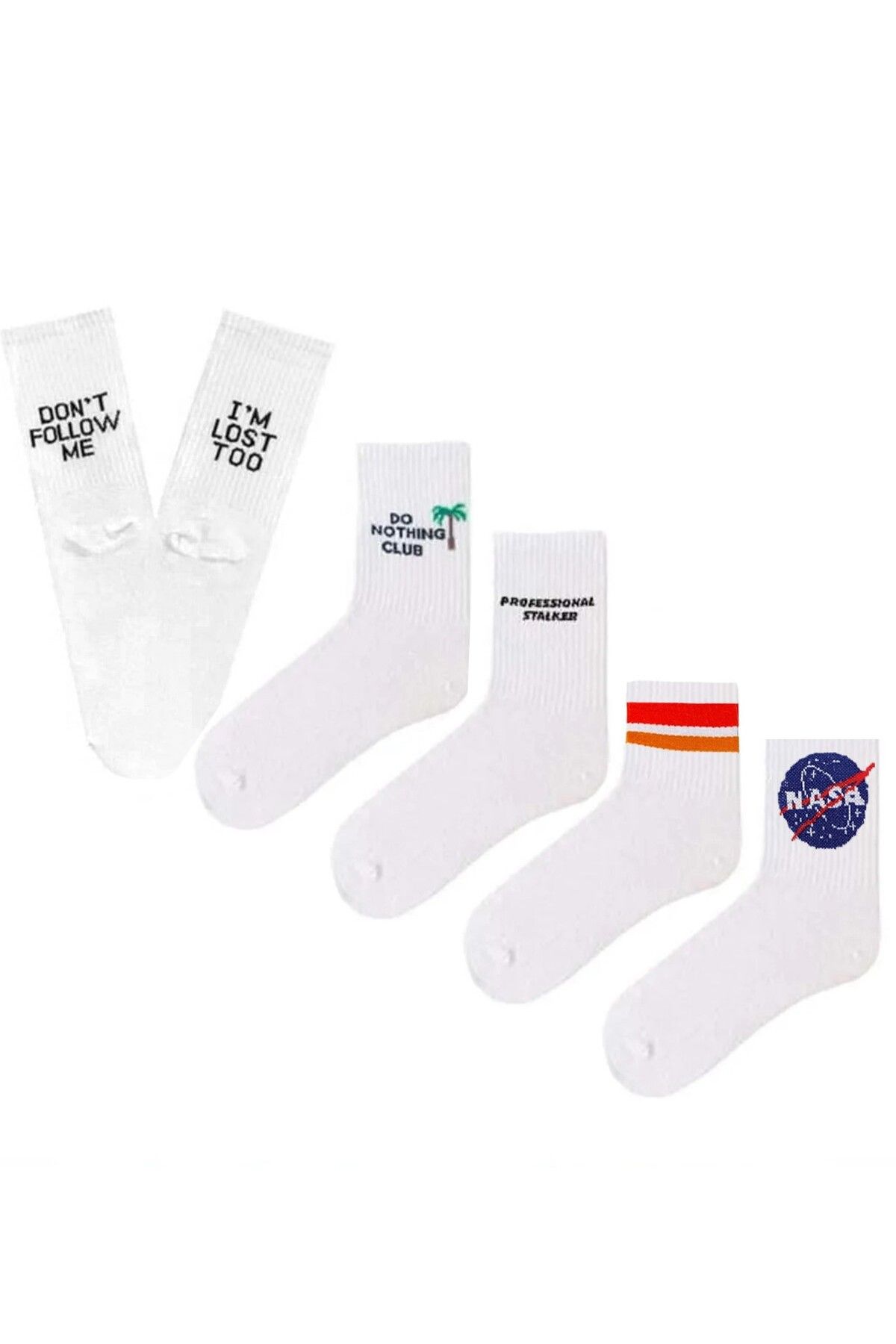 Socks Stations Yazılı Desenli Çizgili Spor Çorap Seti 5'li - Kadın&erkek Çorap Beyaz Çorap