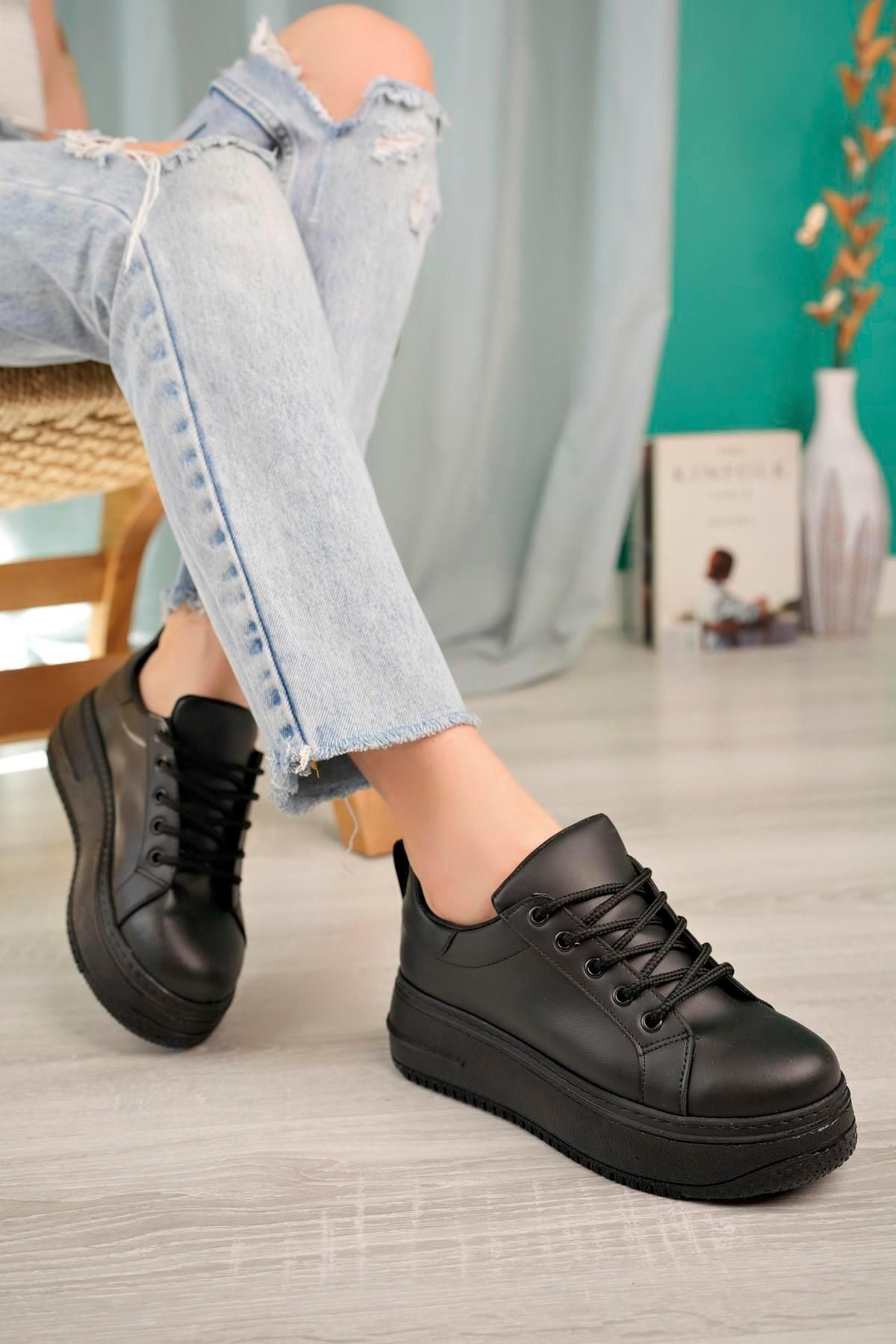 Aymood Bağcıklı Kadın Sporgünlük Yüksek Taban Sneakers Spor Ayakkabı Siyah Cilt