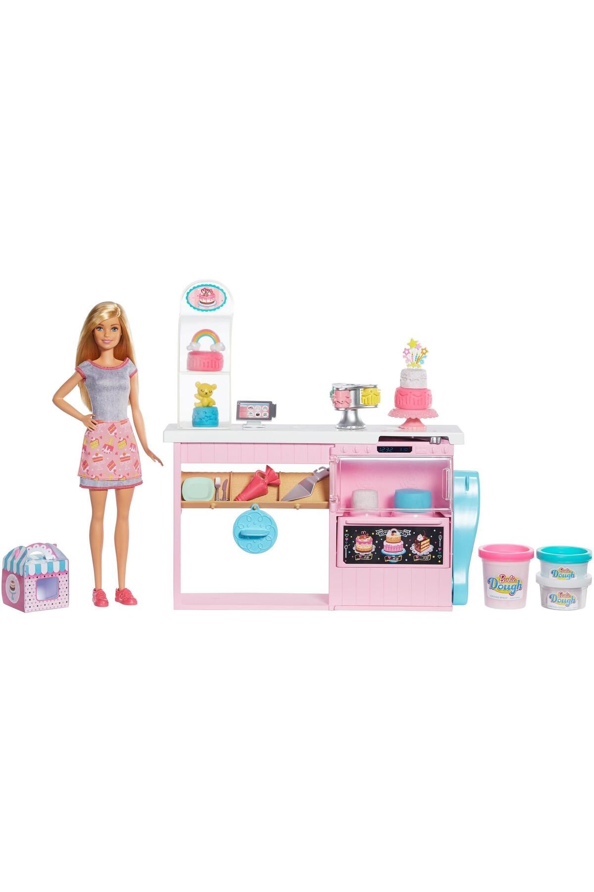 Barbie 'nin Pasta Dükkanı Oyun Seti, Sarışın Bebek, Mutfak Tezgahı, Oyun Hamuru Ve Oyuncak Pasta Süsl