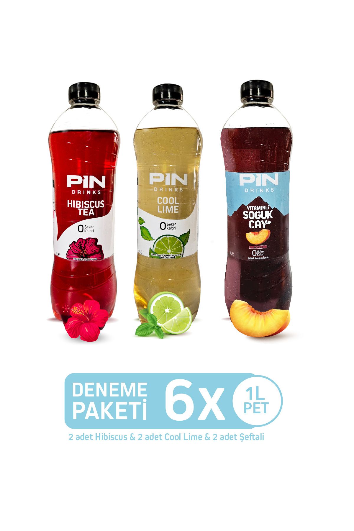 Pin Hibiskus& Cool Lime & Şeftali Soğuk Çay Deneme Paketi Şekersiz & Kalorisiz 6 Adet X 1 Litre