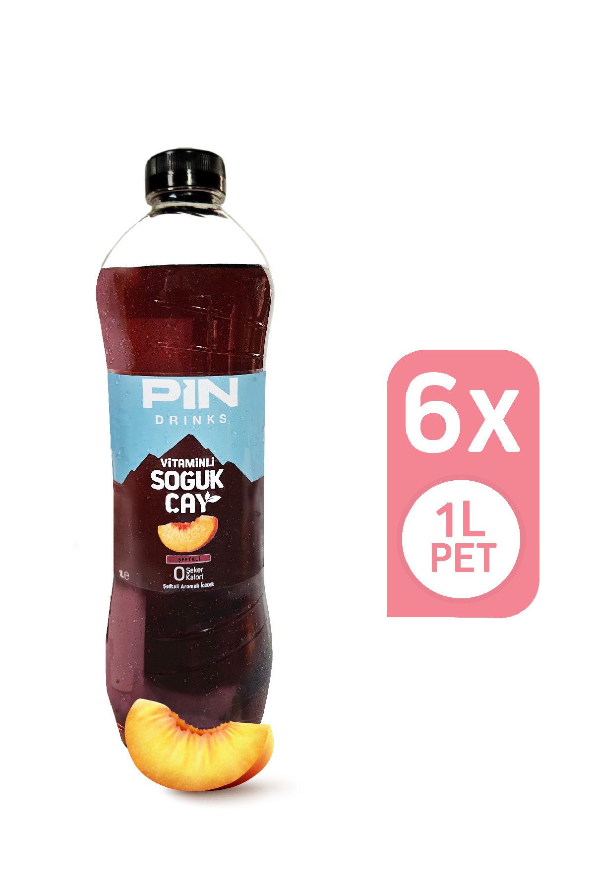 Pin Şeftali Aromalı Soğuk Çay - Şekersiz & Kalorisiz 1 Litre X 6 Adet