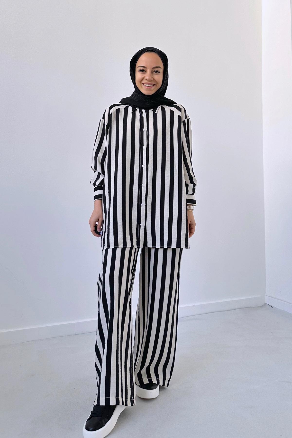 Ka Hijab Yan Yırtmaç Gömlek&Pantolon Çizgili Takım - Siyah/Beyaz