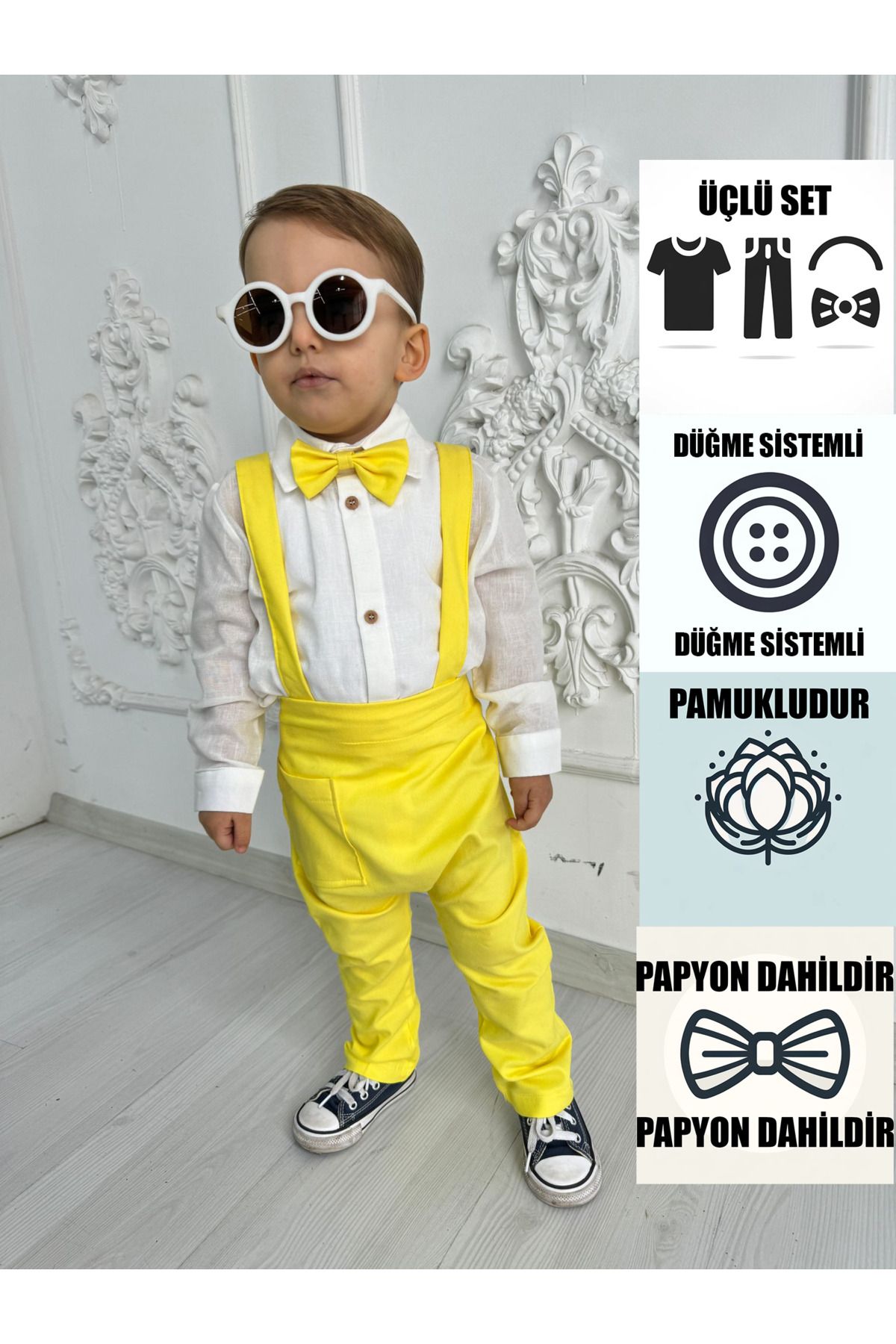 Ares Kids Fashion Sarı Salopet Ve Beyaz Gömlek Set Papyonlu Çocuk Ve Bebek Giyim Özel Gün Ve Bayramlar Kız Erkek