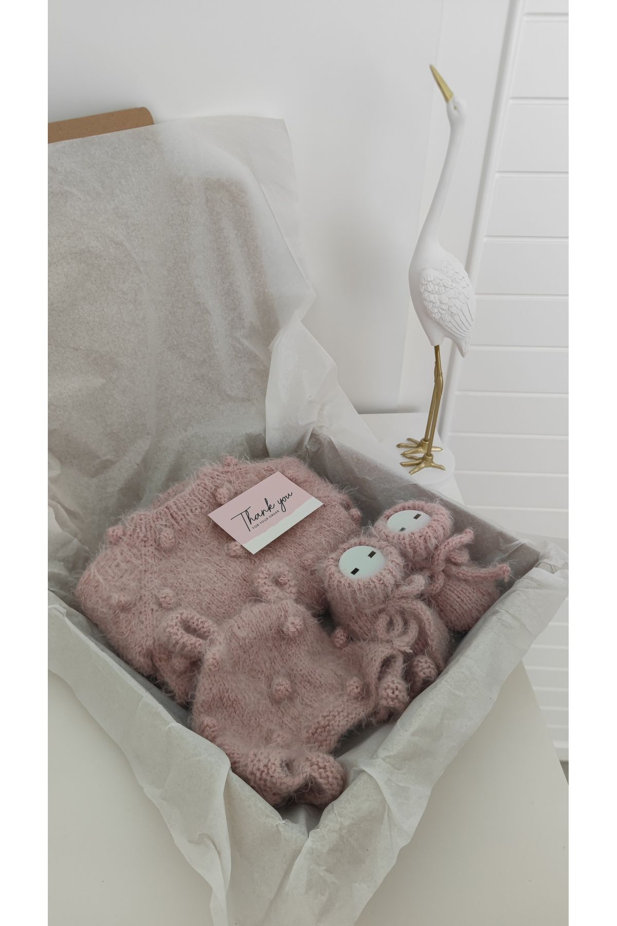 Sincabın Düşleri Hoşgeldin bebek yenidoğan bebek hediye seti kutusu hastane çıkışı triko örgü tulum patik