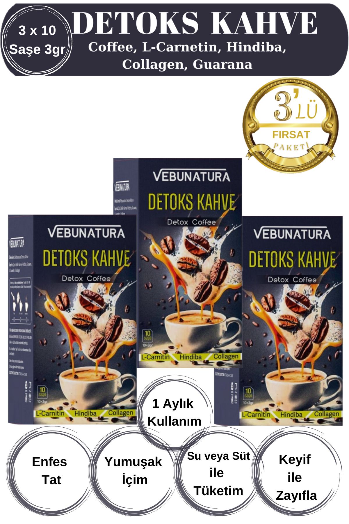 VEBUNATURA Detox Kahve (Hindiba, L-Carnitin, Collagen,Guarana) İçeren Detoks Diyet Kahve 3'lü Fırsat Paketi