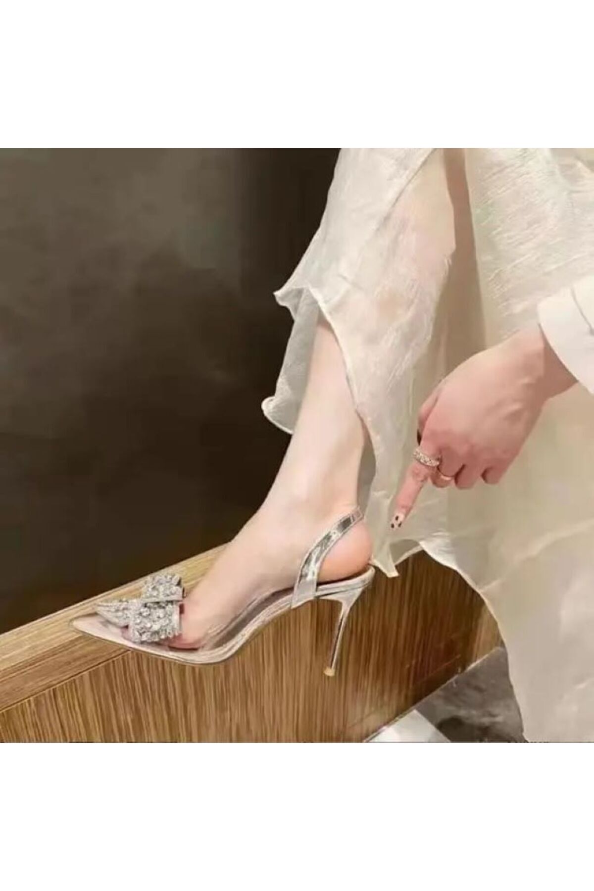 CHAMBERRY Kadın prenses gümüş taşlı fiyonklu stiletto, Galvaniz topuklu Sivri burunlu sandalet ayakkabı