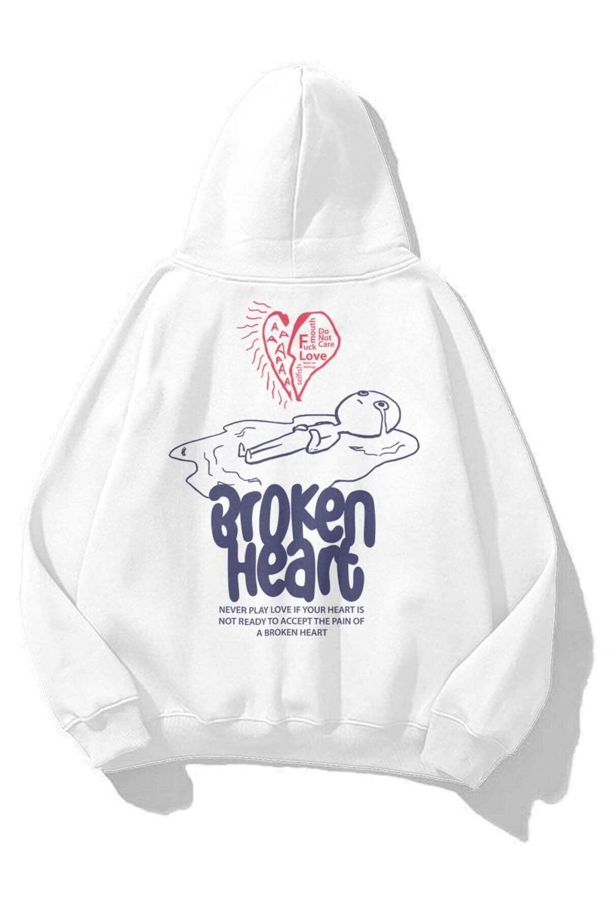 Trendiz Unisex Broken Heart Sweatshirt Hoodie Beyaz