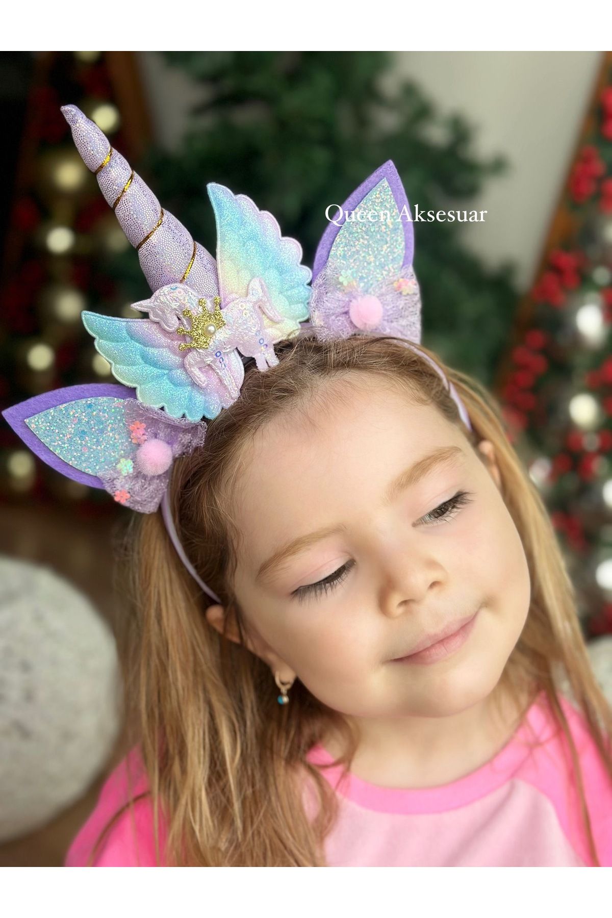 QUEEN AKSESUAR lüks tasarım simli parlak kanatlı büyük unicorn boynuzlu at doğum günü parti tacı çocuk taç mor lila