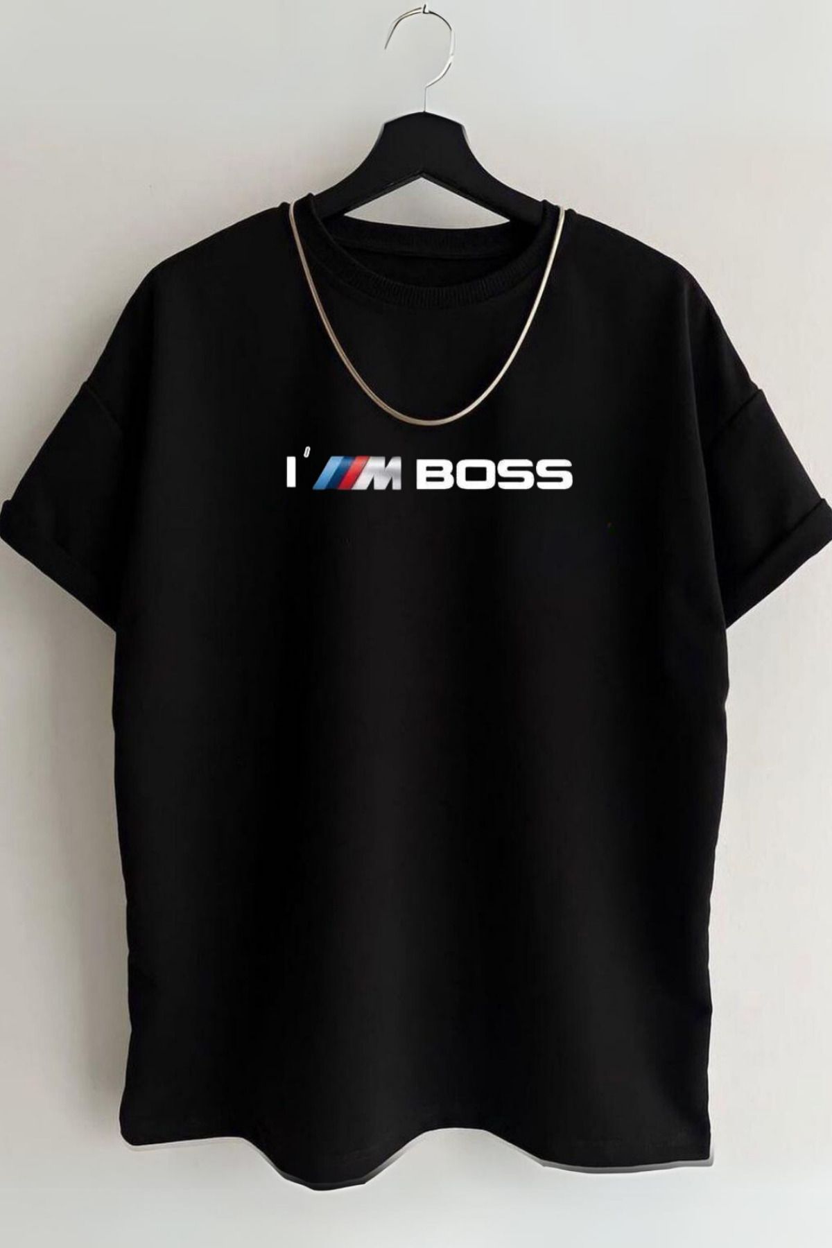 AEMİ Unisex BMW M Boss Baskılı Oversize %100 Pamuk Bisiklet Yaka Boyfriend Siyah T-shirt