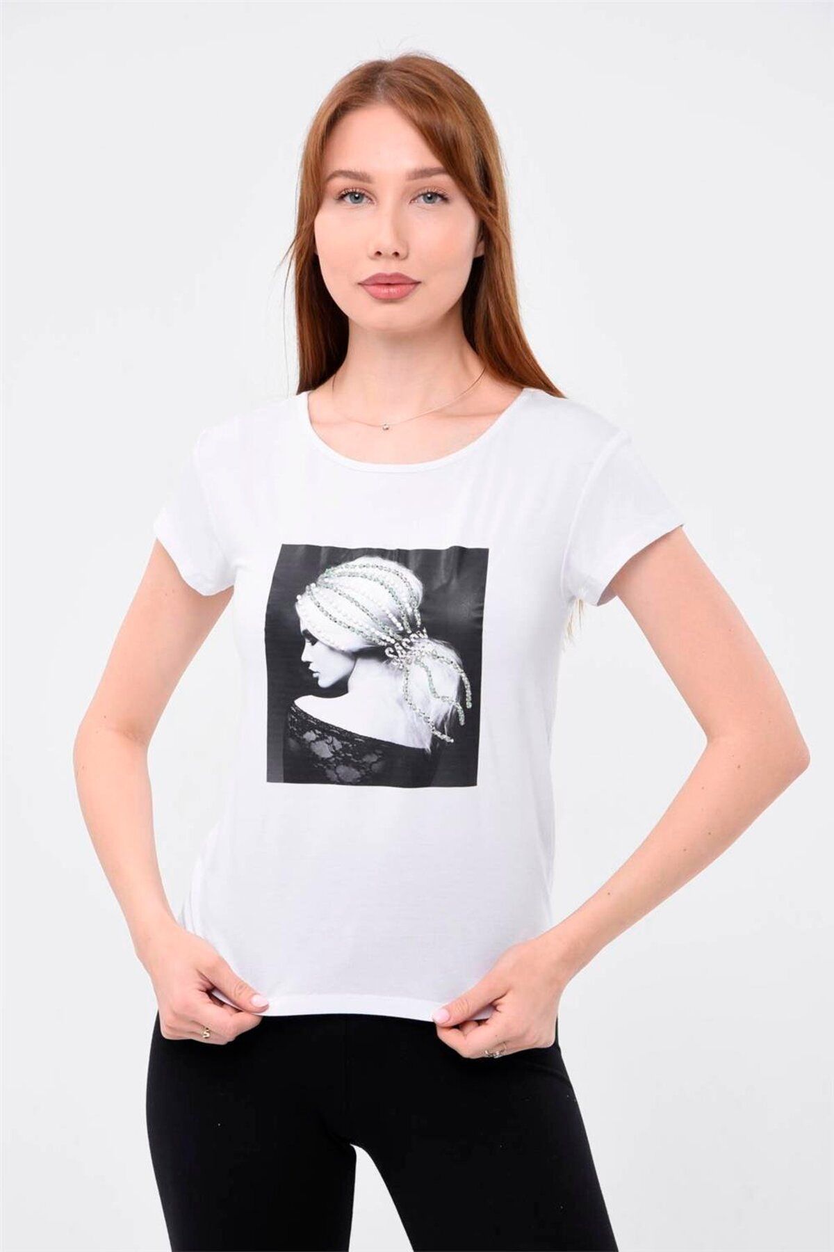 Home Store Tshirt Saçı Taş Işlemeli Kız Baskılı - Beyaz