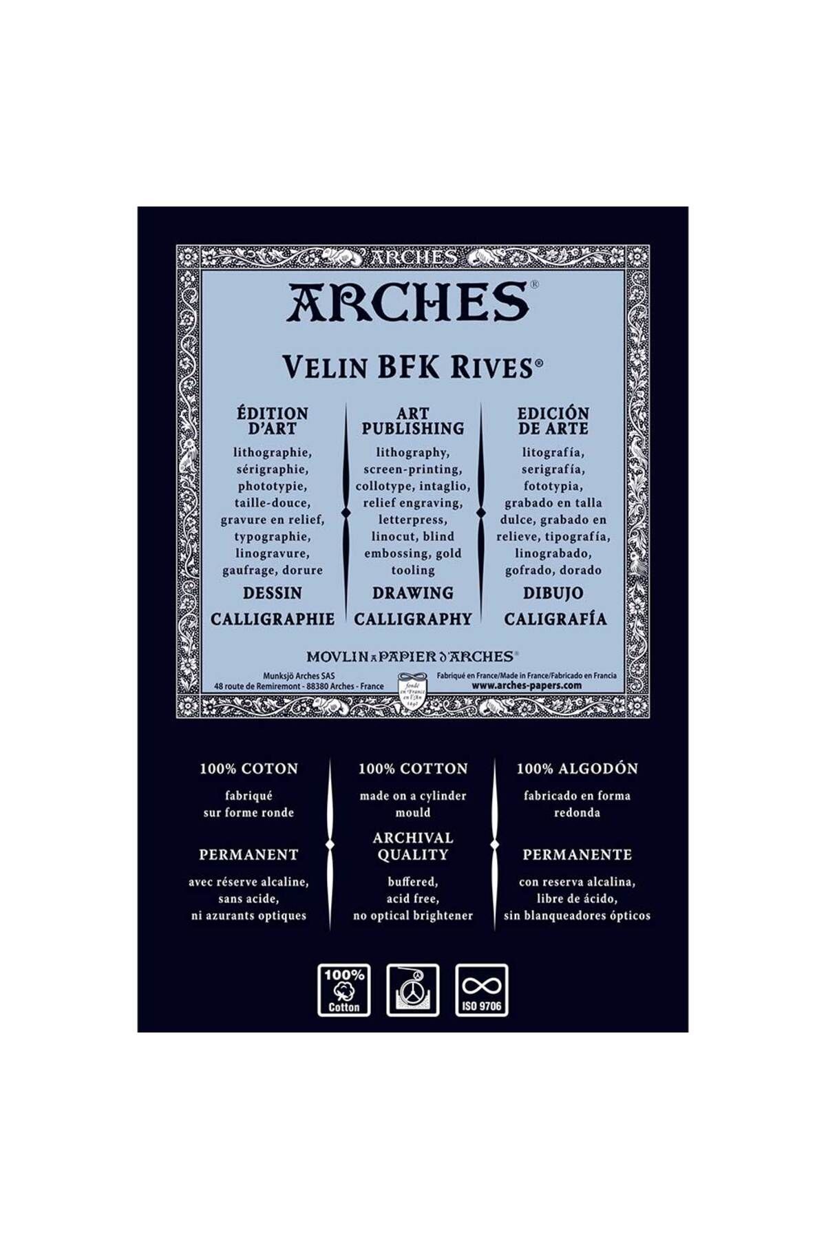 Arches Velin BFK Rives CP Grey 280gr 56x76cm Lght Fin Grn Smth Surface-%100 Cotton
