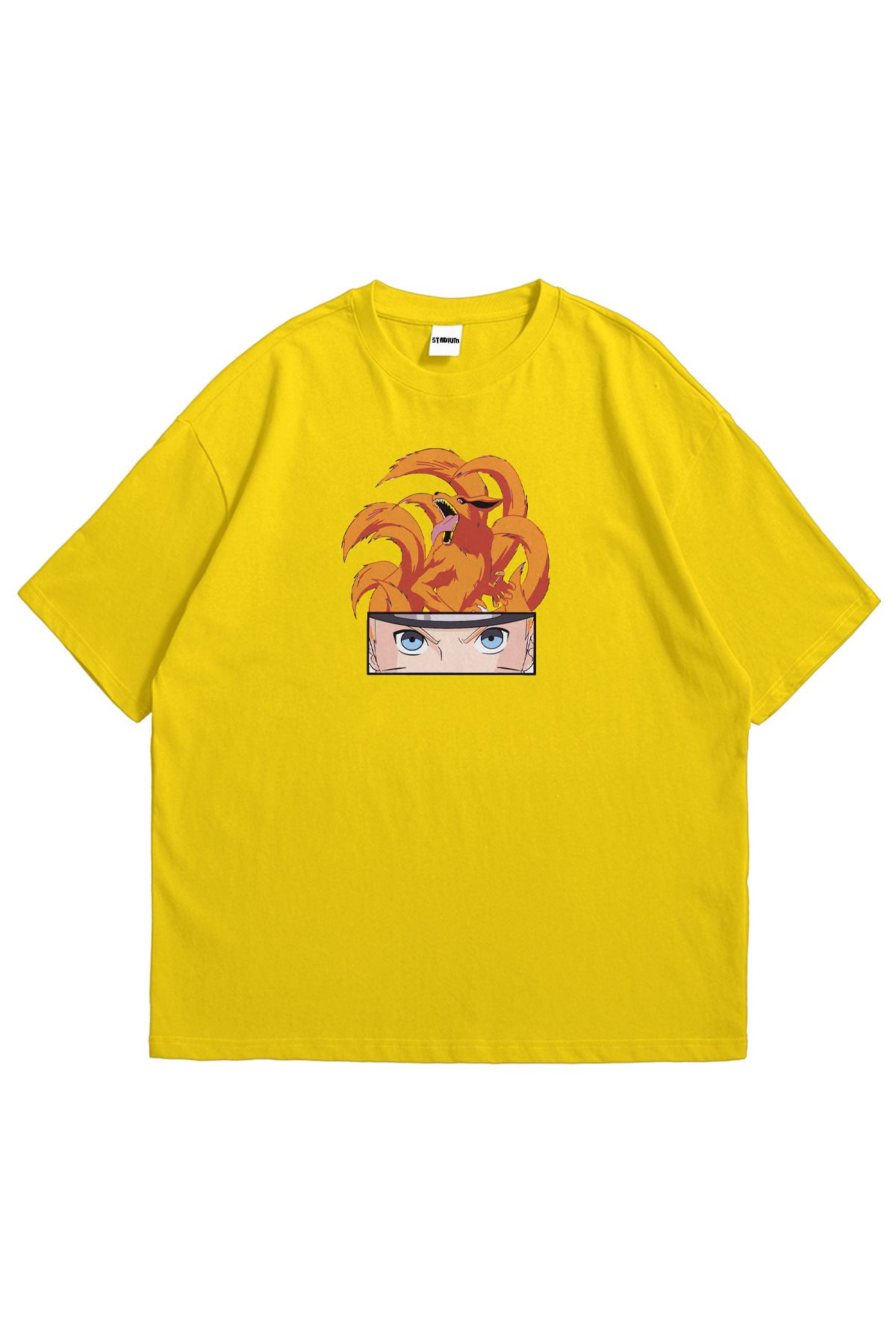 Calvin Jones Unisex Sarı Naruto AnimeV3 Baskılı Oversize Bisiklet Yaka Kısa Kollu T-Shirt