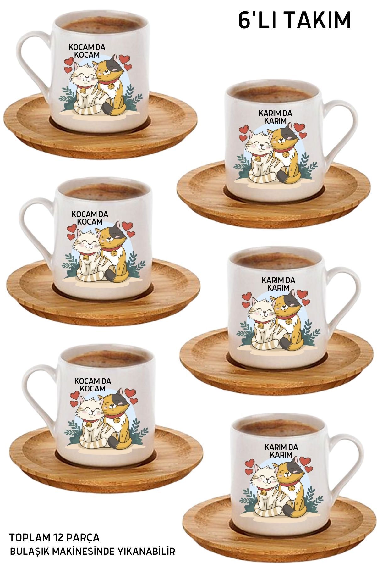 Favori Gift 6 Kişilik Kahve Fincan Takımı Kedi Tasarımlı - Karım Da Karım, Kocam Da Kocam Baskılı - 12 Parça