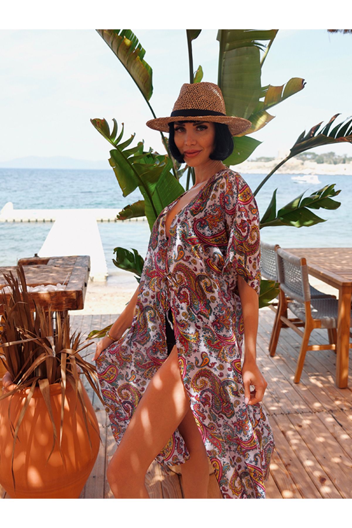 DERORDİS Derordis Kimono Mürdüm Moru Renk Desenli Plaj Modasında Şıklık Ve Rahatlık Bir Arada
