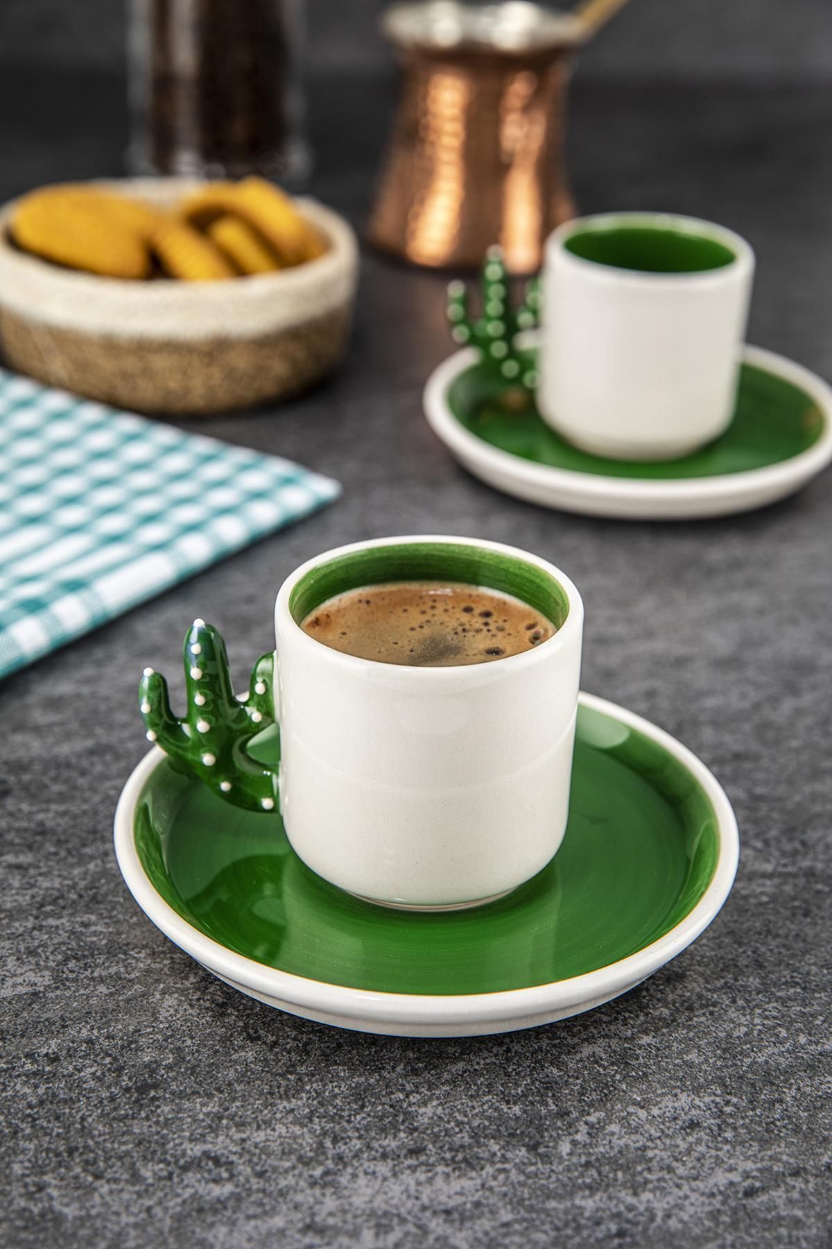 Doreline Kaktüs El Yapımı Türk Kahvesi, Espresso Fincanı Yeşil 2 Adet, Hediyelik 2 Li Fincan