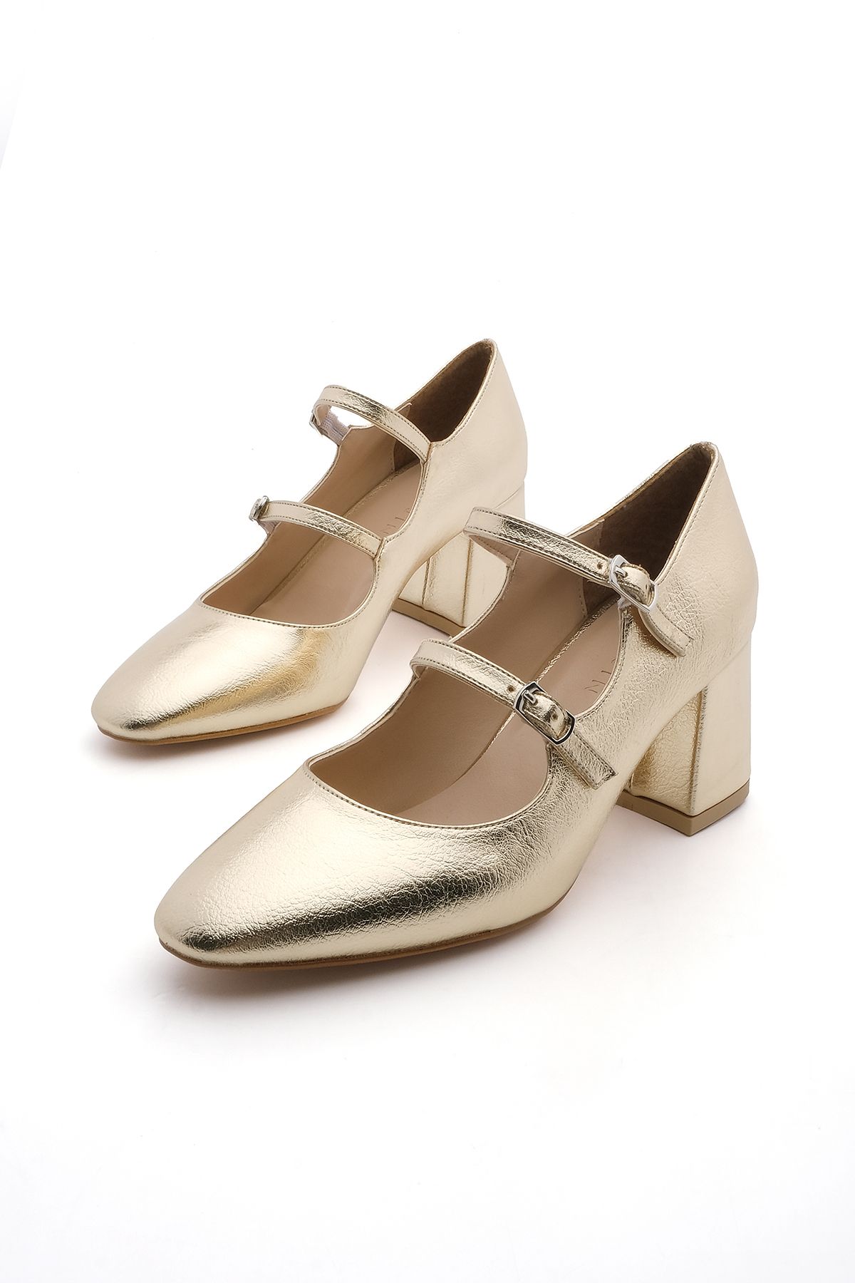 Marjin Kadın Kalın Topuk Çift Bantlı Klasik Topuklu Ayakkabı Asney Altın