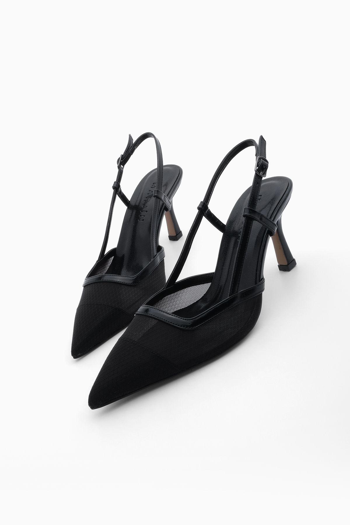 Marjin Kadın Sivri Burun Atkılı Fileli Klasik Topuklu Ayakkabı Mites Siyah