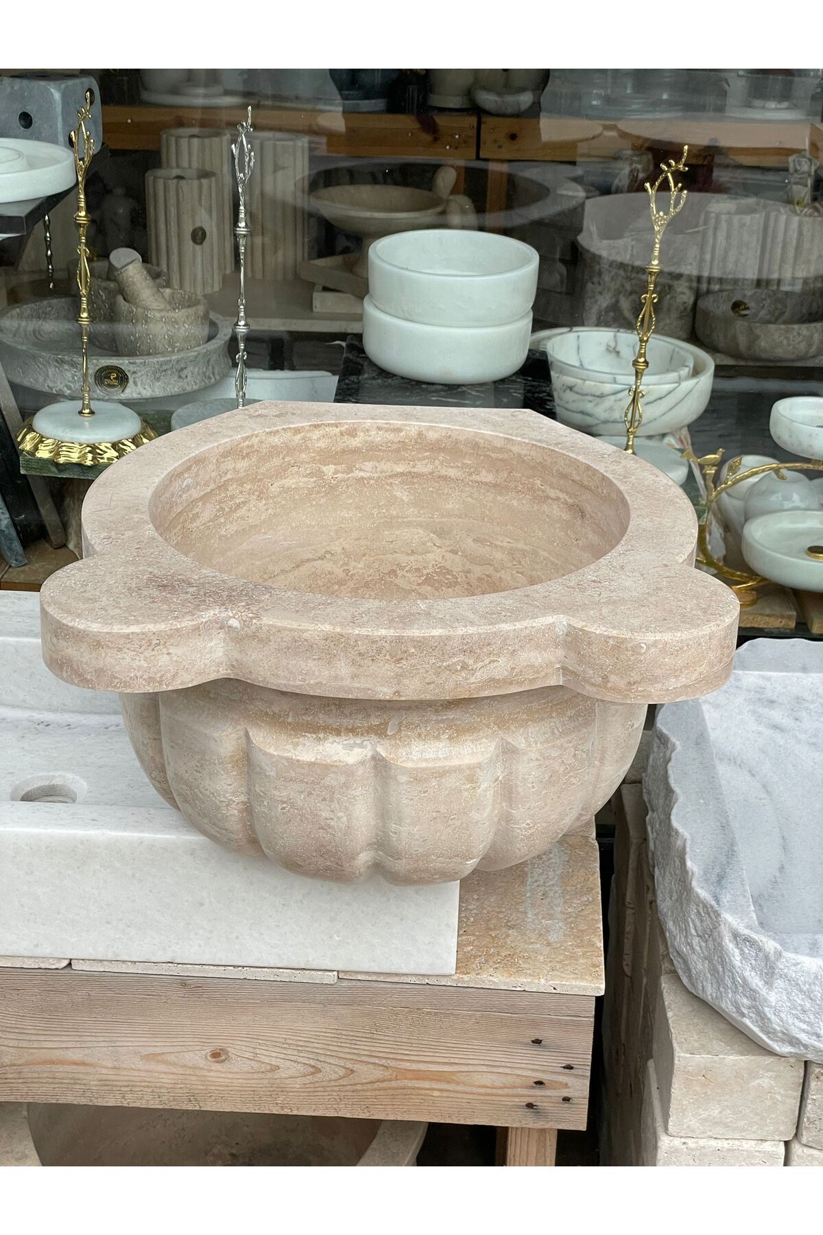 Polen Stone Traverten Doğal Taş Kavun Dilimli Model hamam kurnası 1.Sınıf Malzeme ve İşçilik Garantili