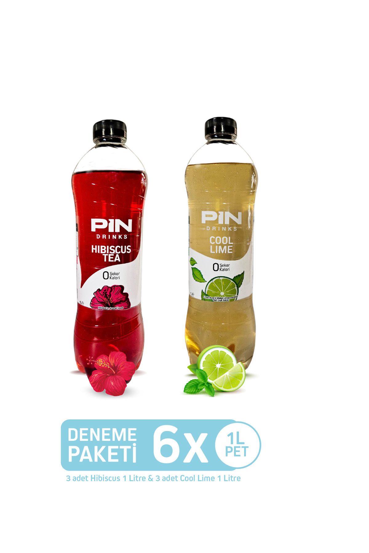 Pin Hibiskus Çayı & Cool Lime Deneme Paketi - Şekersiz & Kalorisiz 6 Adet X 1 Litre