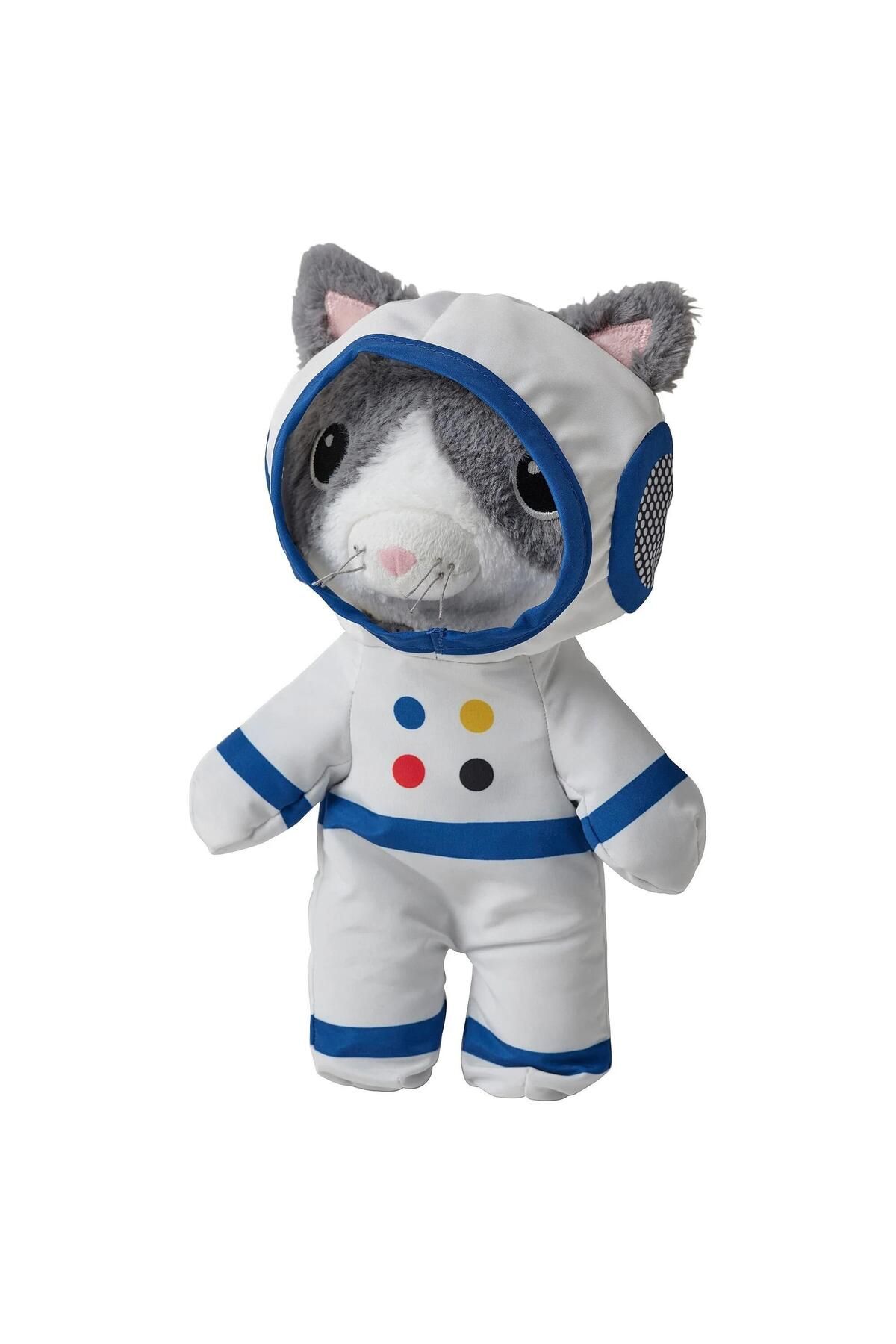IKEA AFTONSPARV 28 Cm Çıkarılabilir Astronot Giysili Kedi Yumuşak Peluş Oyuncak Gri Uzay Temalı