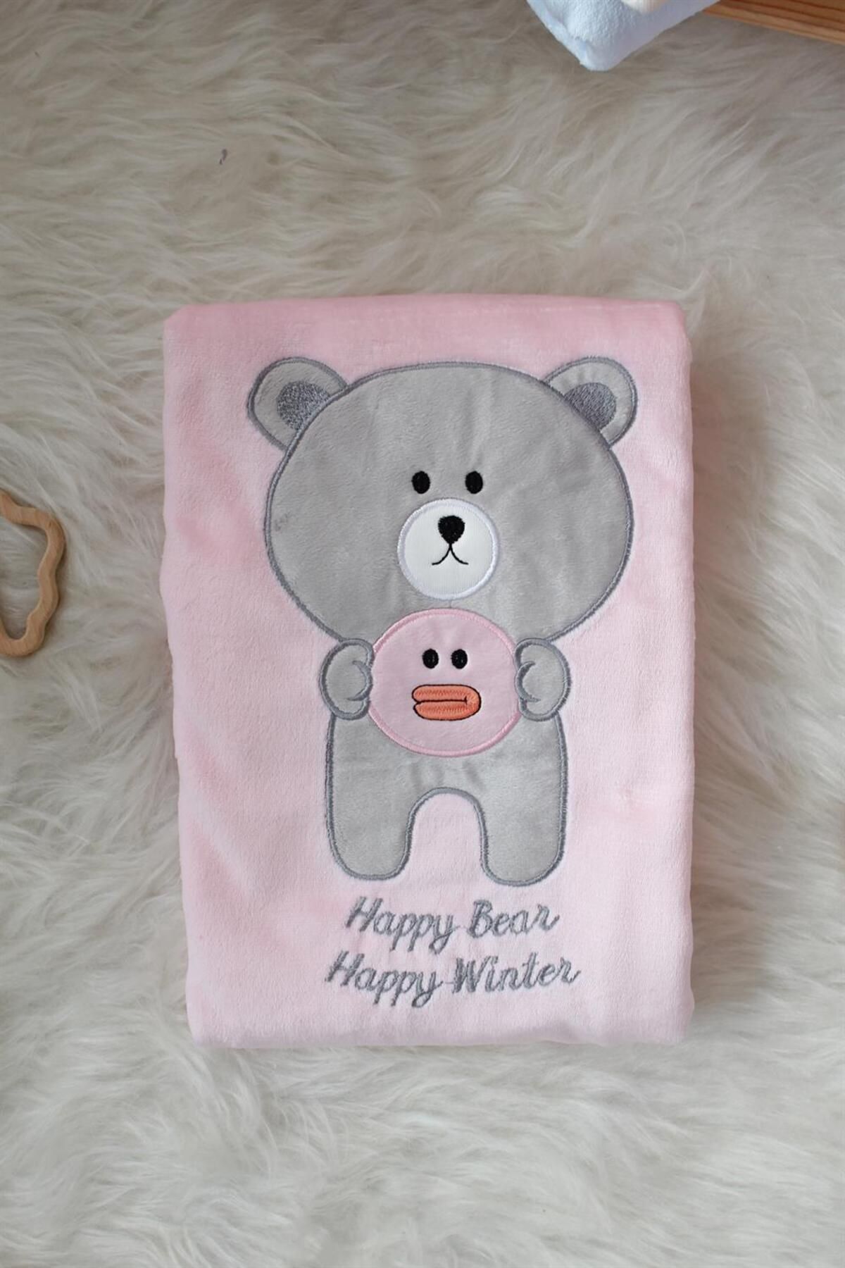 Mini Ropa Happy Bear Angora Welsoft Bebek Battaniyesi Pembe Welsoft Kışlık Battaniye