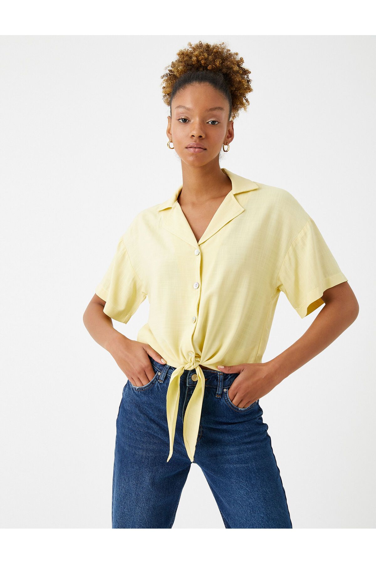 Koton Crop Gömlek Oversize Bağlama Detaylı Kısa Kollu
