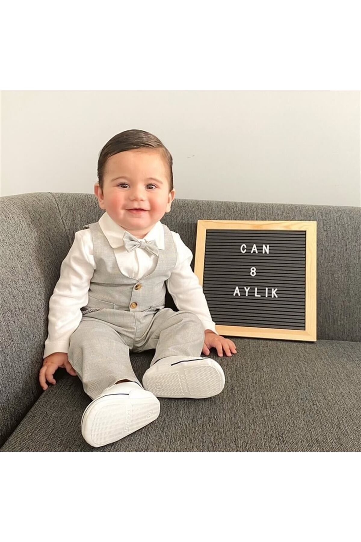 Mini Ropa Yelekli Erkek Bebek Takım -kareli Gri Özel Gün Kıyafeti