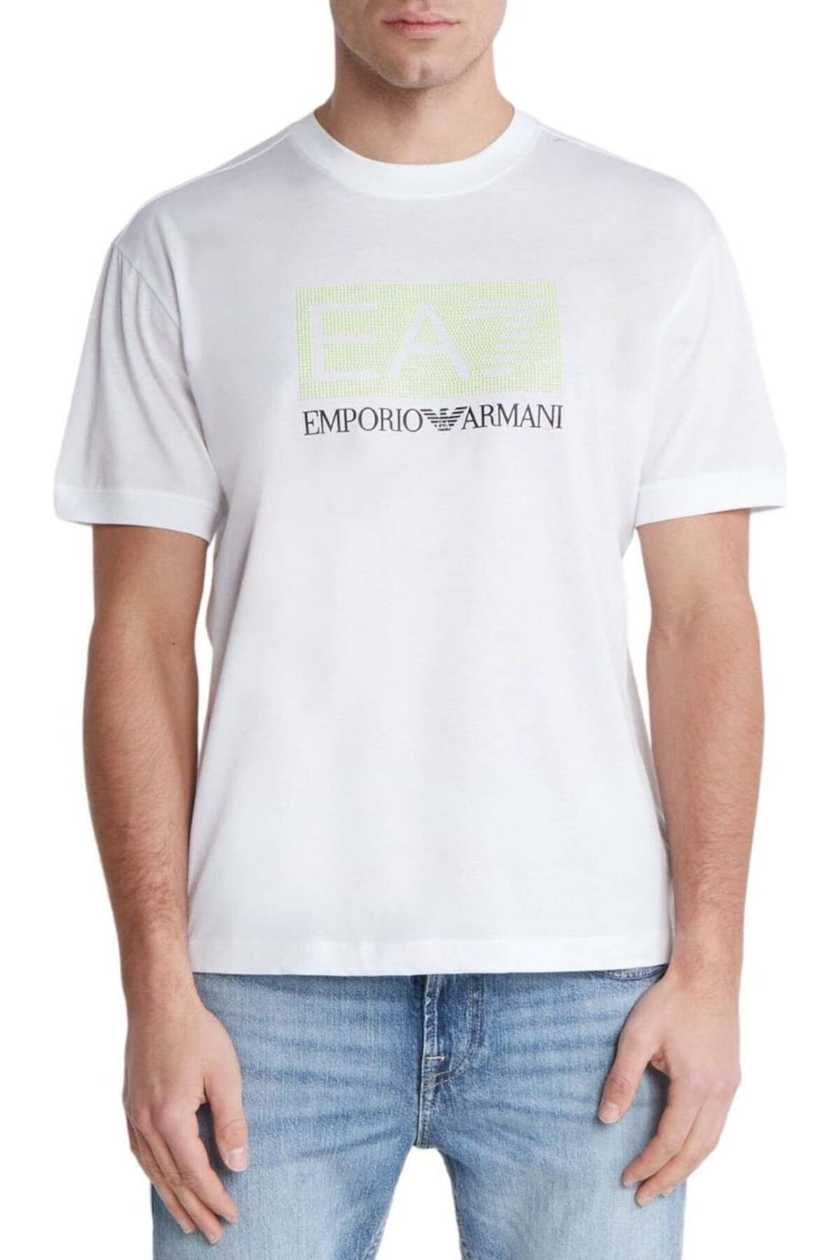 EA7 Erkek Logolu Kısa Kollu Pamuklu Beyaz T-Shirt 3DPT40 PJFBZ-1100