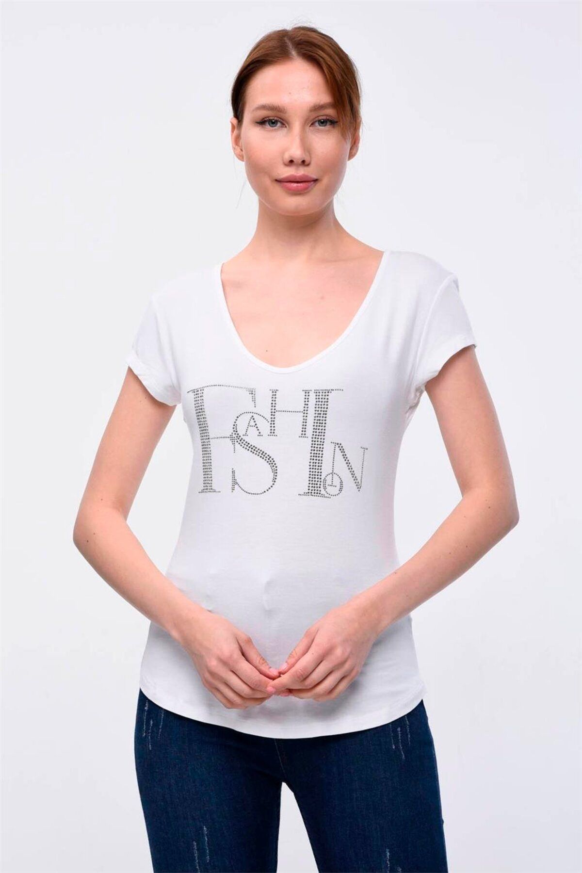 Home Store Tshirt*fashion*taş Baskılı V Yaka - Beyaz