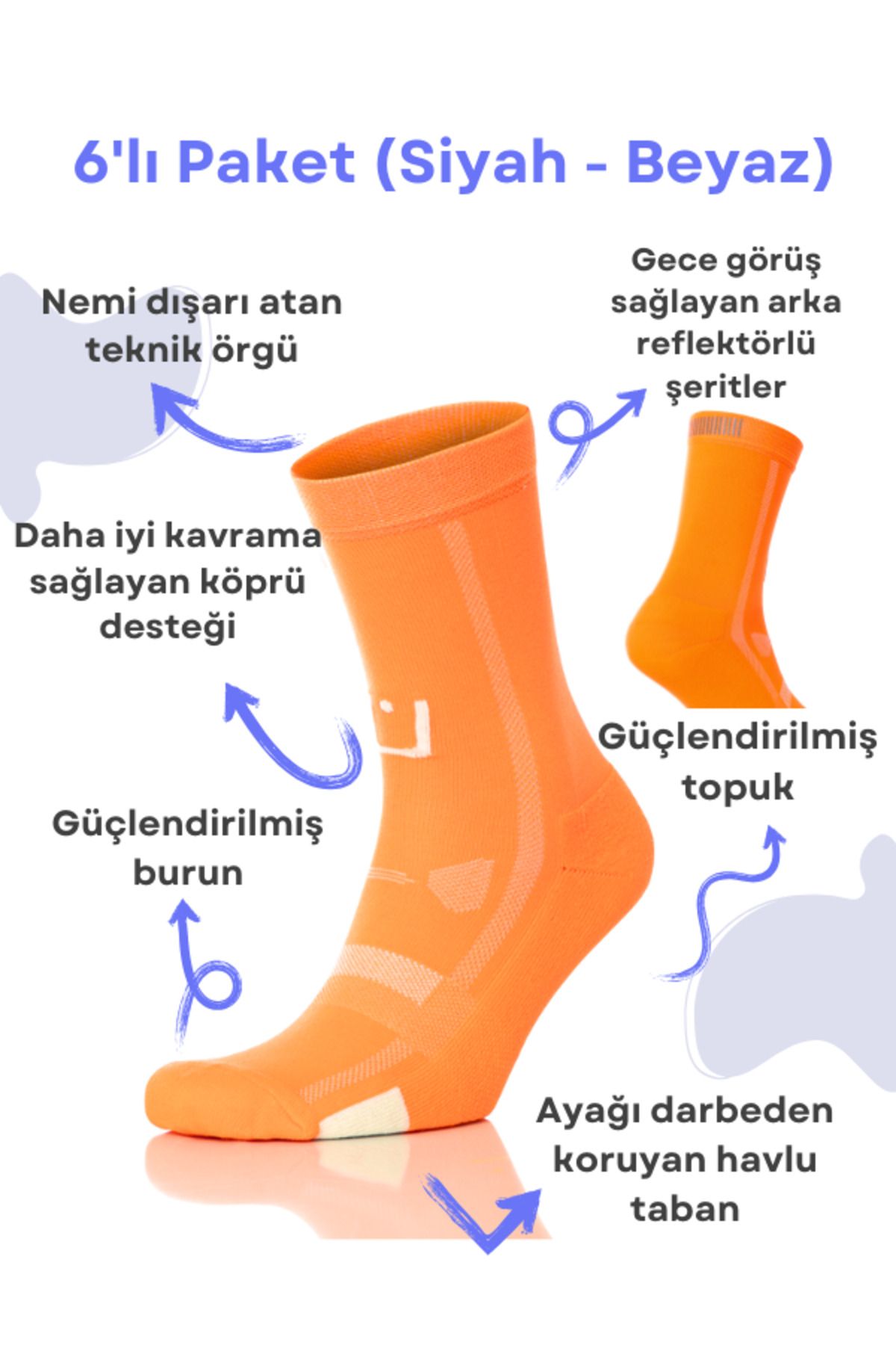 MURR 6'lı Paket Reflektörlü Nem Emici Özelliğe Sahip Spor Çorabı Koşu Çorabı Fitness Çorabı