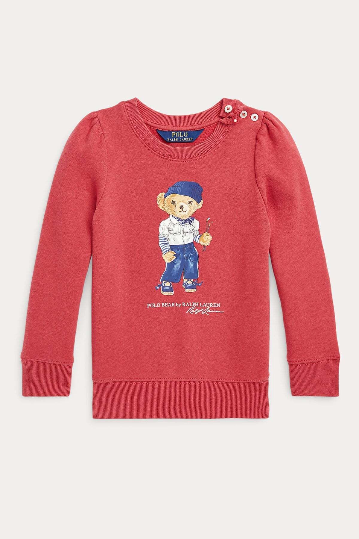 Ralph Lauren 2-4 Yaş Kız Çocuk Düğmeli Yaka Polo Bear Sweatshirt 2y / Mercan