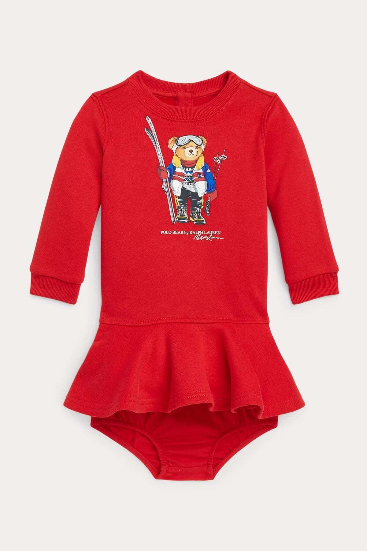 Ralph Lauren 12-24 Aylık Kız Bebek Polo Bear Sweatshirt Elbise 12m / Kırmızı