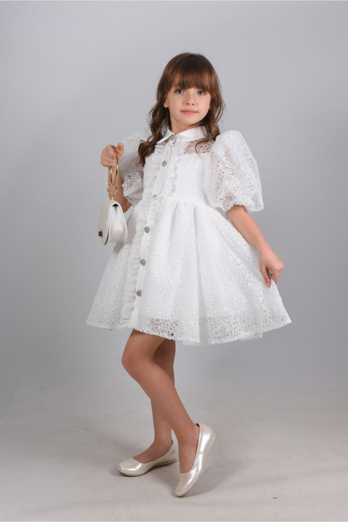 MIALORA EXCLUSİVE By Emel Ebru Özdemir Özel Tasarım Kız Çocuk Abiye Elbise ,Çanta Aksesuarlı, Yakalı ve Dantelli Kız Çocuk Elbisesi