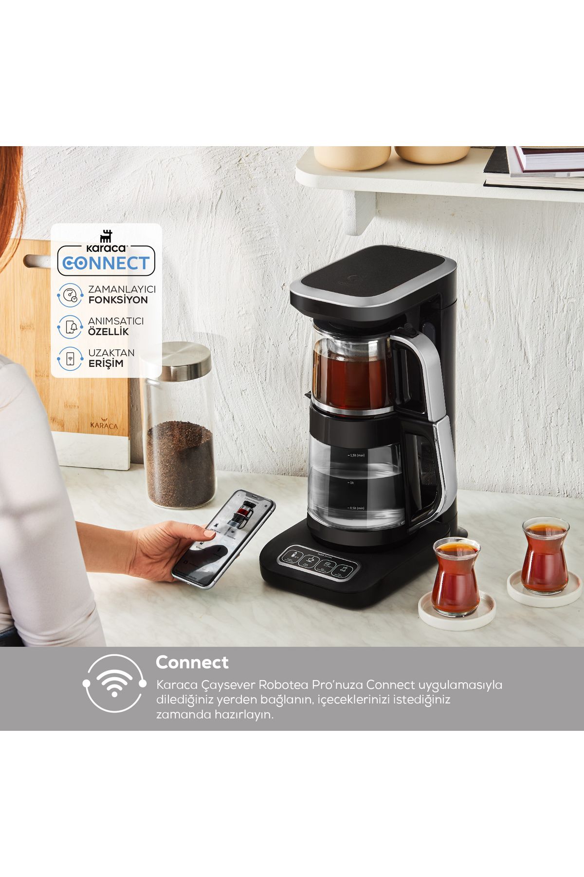 Karaca Çaysever Robotea Pro Connect 4 in 1 Konuşan Otomatik Cam Çay Mama ve Filtre Kahve Makinesi Wİ-Fİ