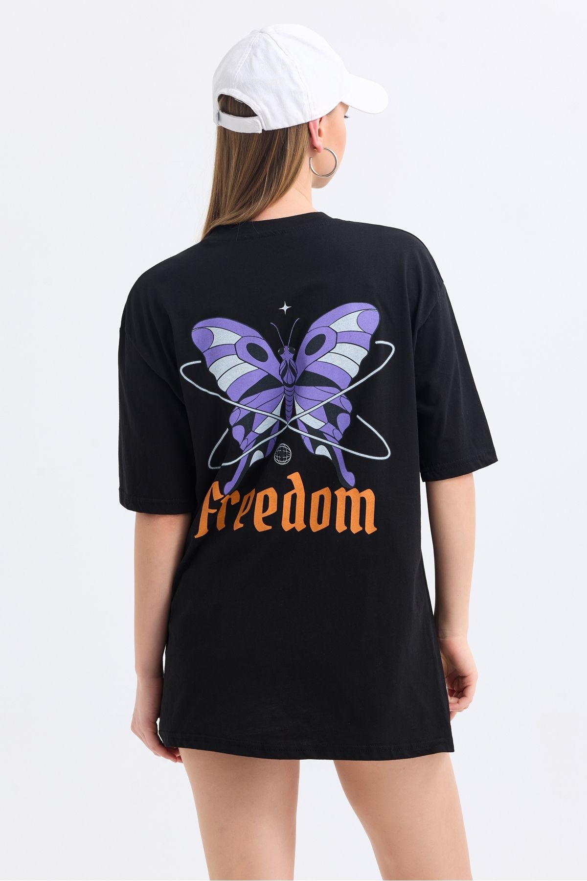 MD trend Kadın Ön Ve Sırt Freedom Kelebek Baskılı Pamuklu Oversize Tişört