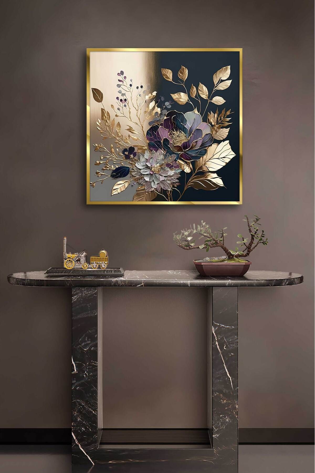 Voovart Gold Metal Çerçeveli Mor Çiçekler Duvar Tablosu - ART1057