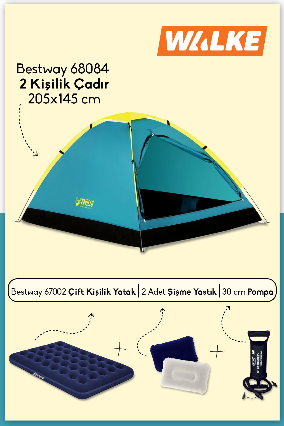 Walke Lüks Pavillo Kamp Seti 2 Kişilik Çadır + Çift Kişilik Şişme Yatak + Pompa + 2 Yastık