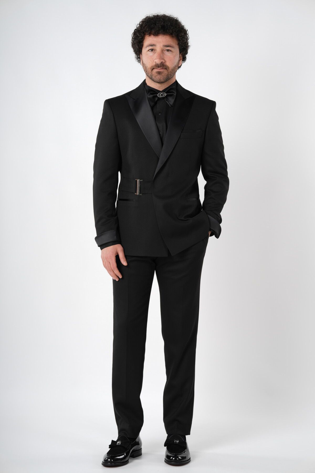 PAREZ Erkek Premium Kruvaze Smokin Damatlık Kırlangıç Yaka Italyan Stil Ceket Pantolon papyon-siyah