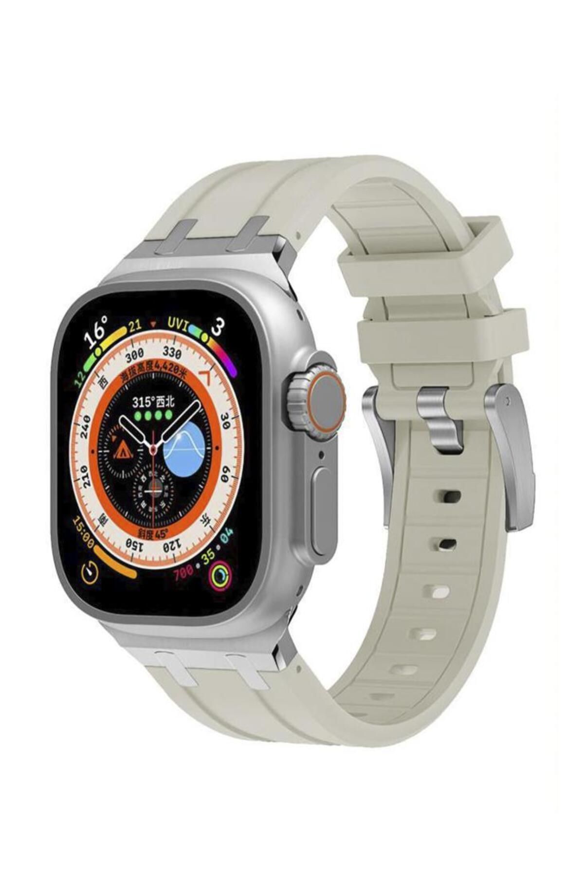 UnDePlus Apple Watch 7 8 9 45mm Kordon Metal Bağlantılı Silikon Kordon 89